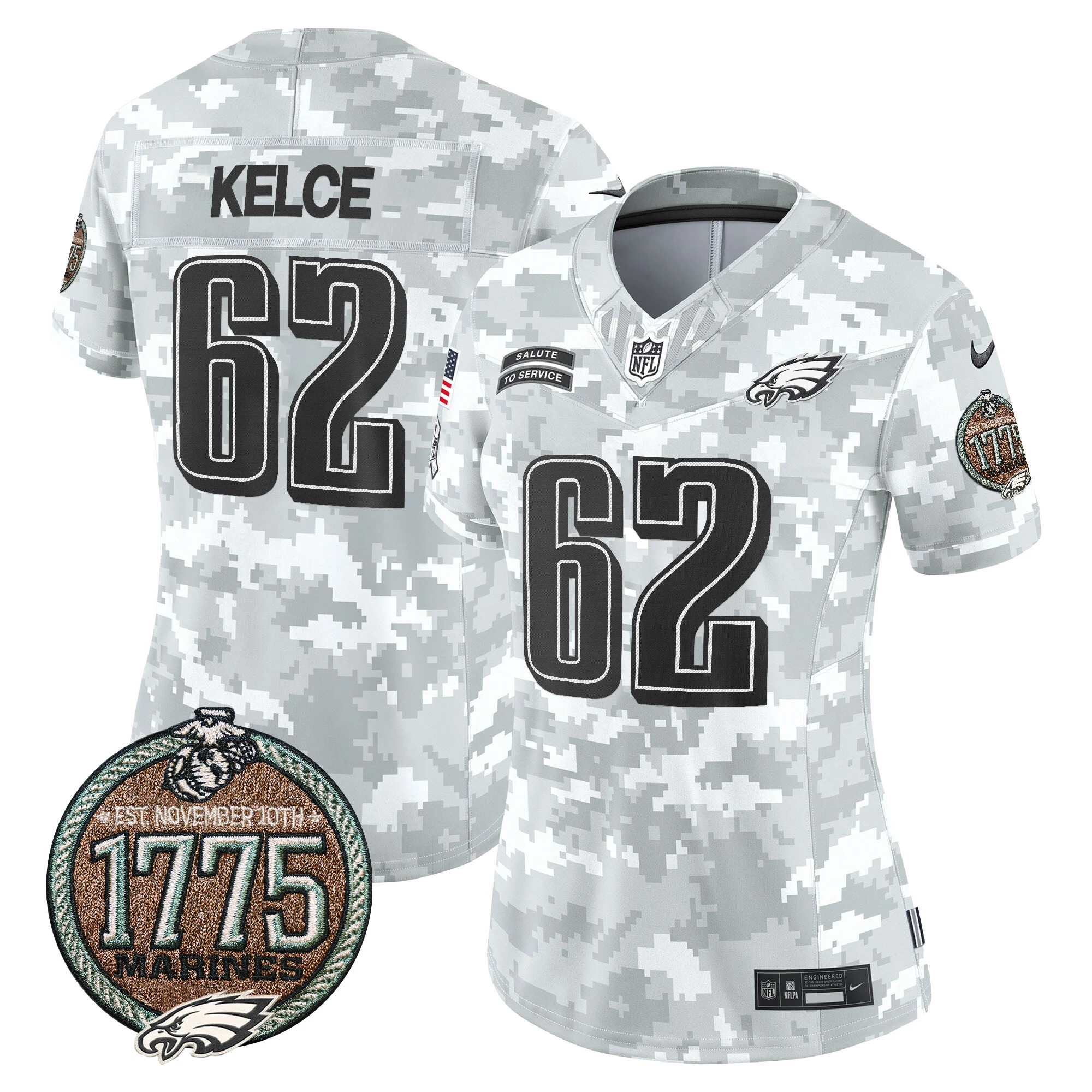 Womens Philadelphia Eagles 2024 Salute To Service Establishment Year Patch Vapor Limited Jersey Jason Kelce Jersey Marines