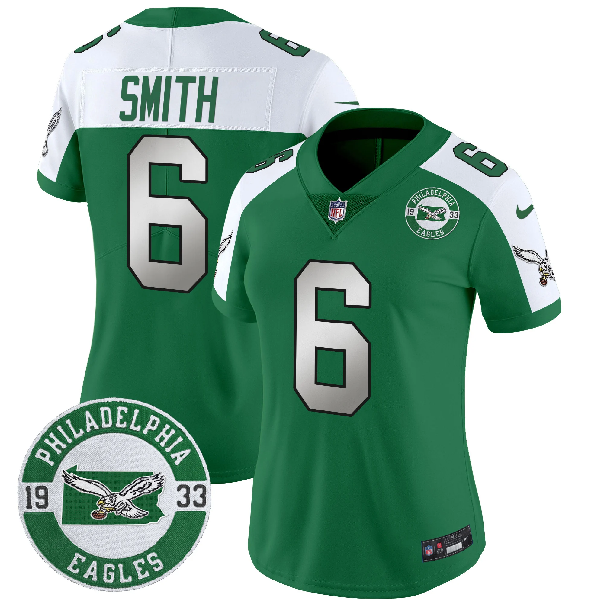 Womens Philadelphia Eagles 2024 Throwback Vapor Limited Jersey Est 1933 Patch Devonta Smith Jersey Kelly Alternate