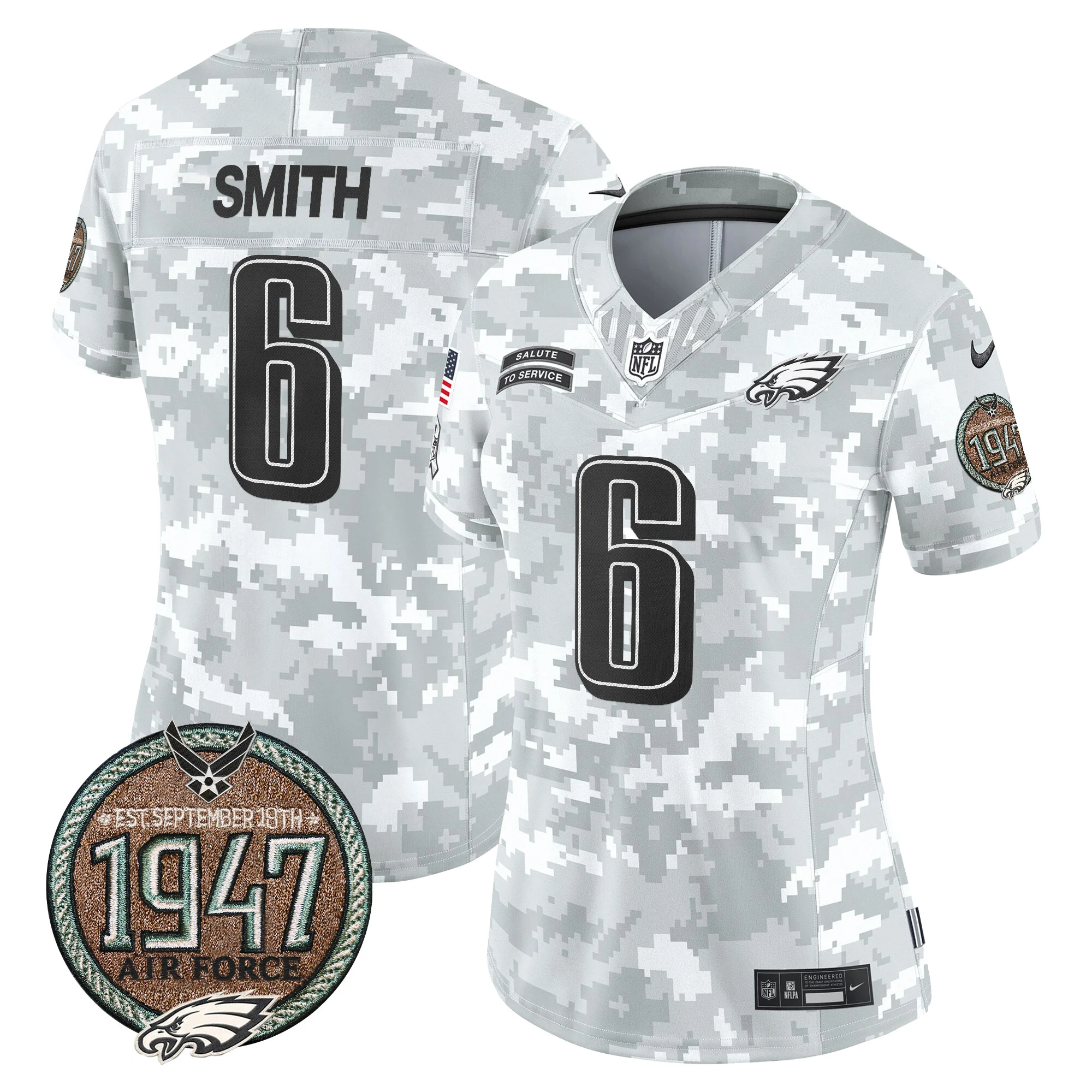 Womens Philadelphia Eagles 2024 Salute To Service Establishment Year Patch Vapor Limited Jersey Devonta Smith Jersey Air Force