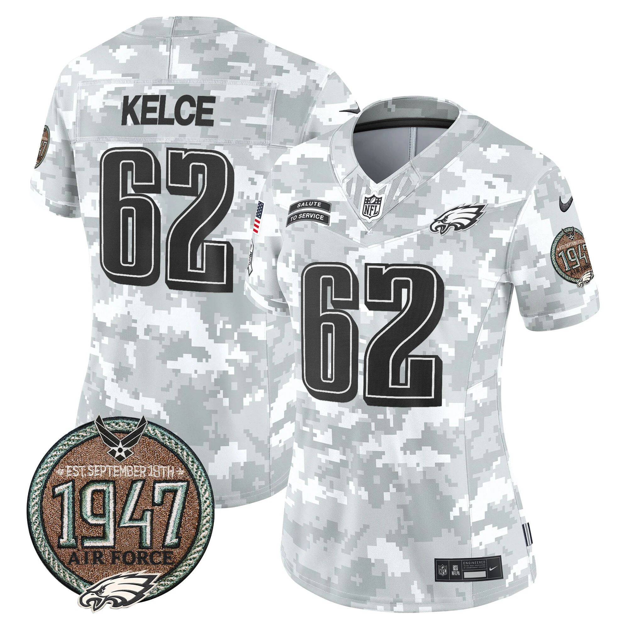 Womens Philadelphia Eagles 2024 Salute To Service Establishment Year Patch Vapor Limited Jersey Jason Kelce Jersey Air Force