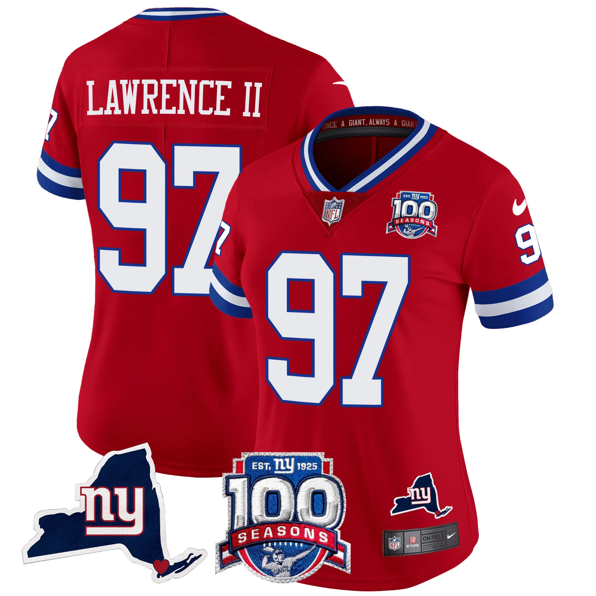 Womens New York Giants 100Th Season State Patch Vapor Limited Jersey Dexter Lawrence II Jersey Red