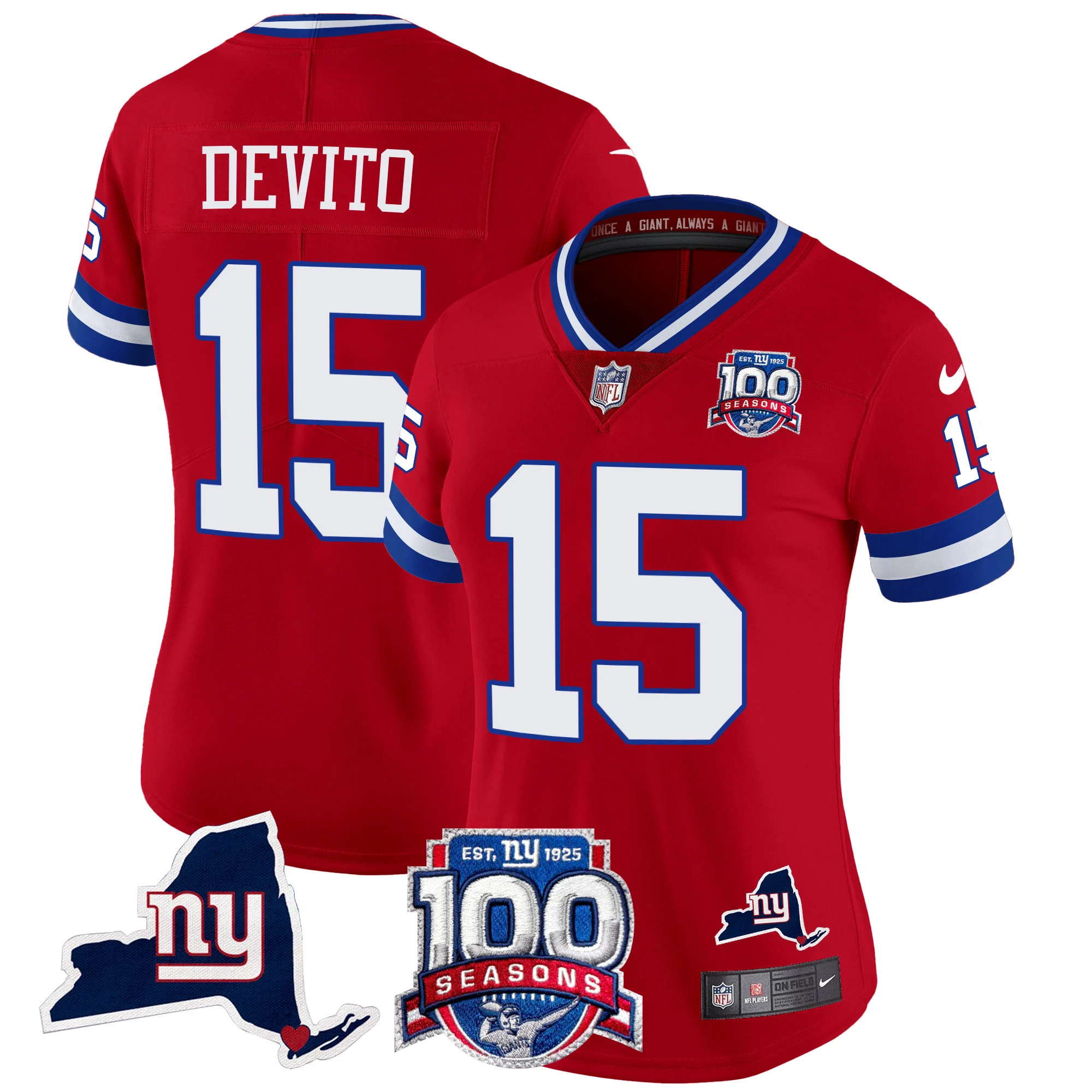 Womens New York Giants 100Th Season State Patch Vapor Limited Jersey Tommy Devito Jersey Red