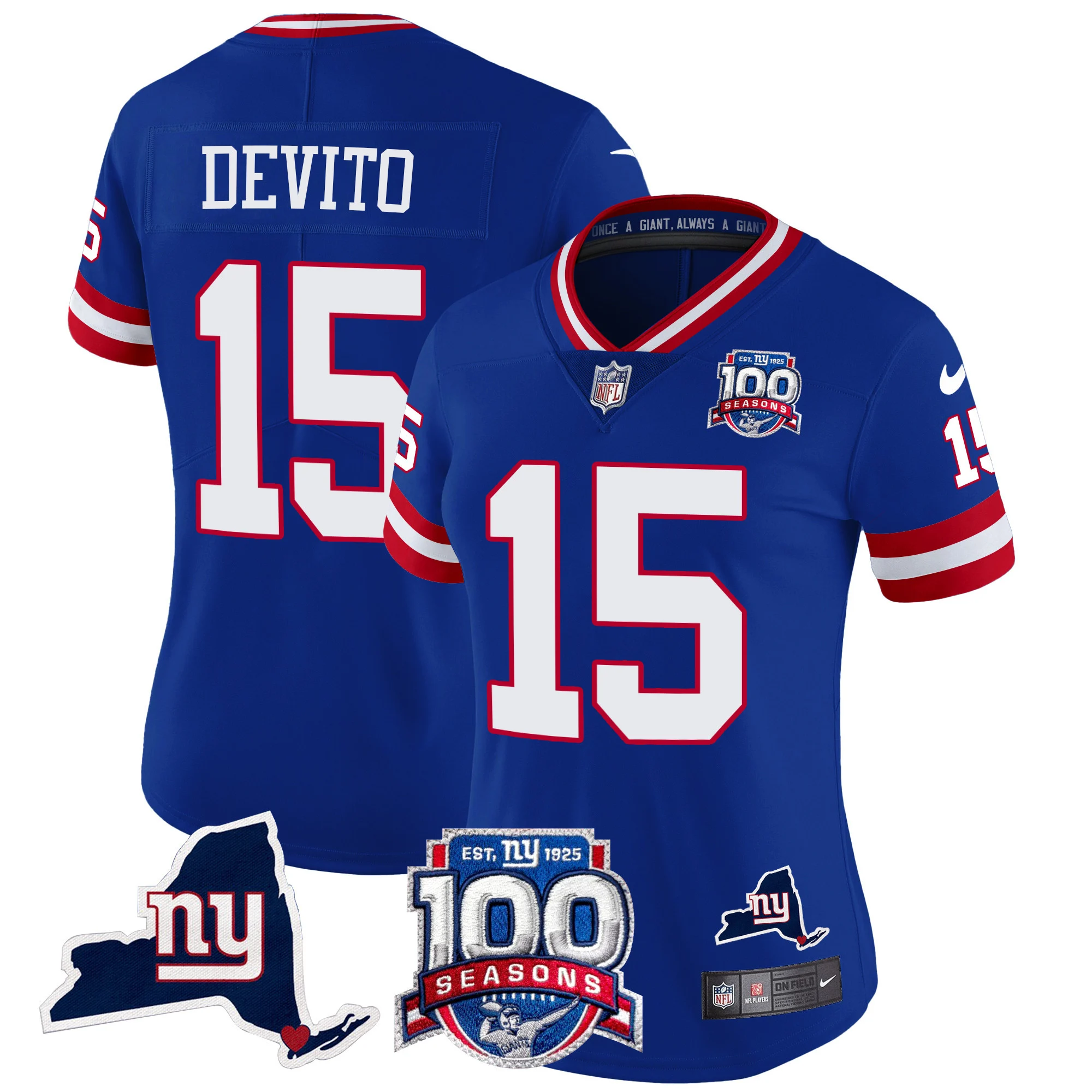 Womens New York Giants 100Th Season State Patch Vapor Limited Jersey Tommy Devito Jersey Royal