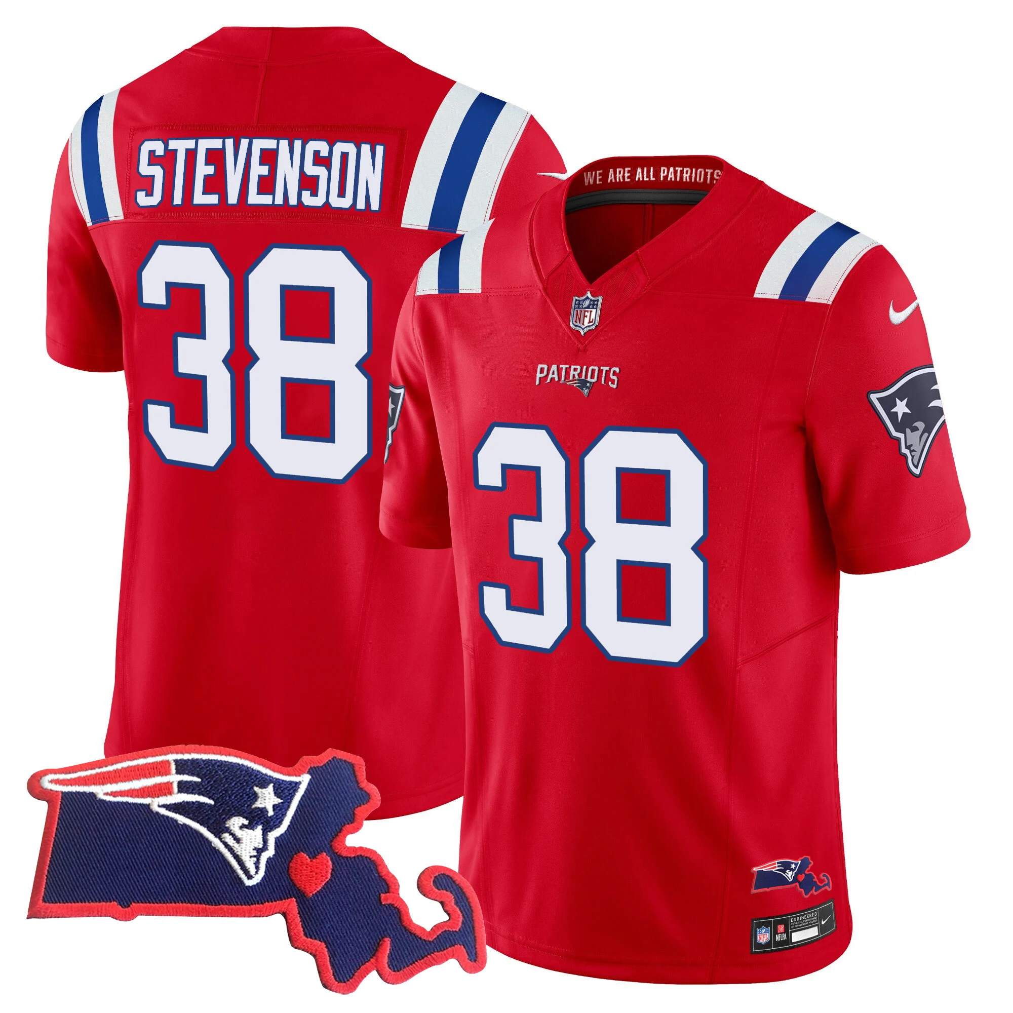 Womens New England Patriots Massachusetts Patch Vapor Jersey Rhamondre Stevenson Jersey Red