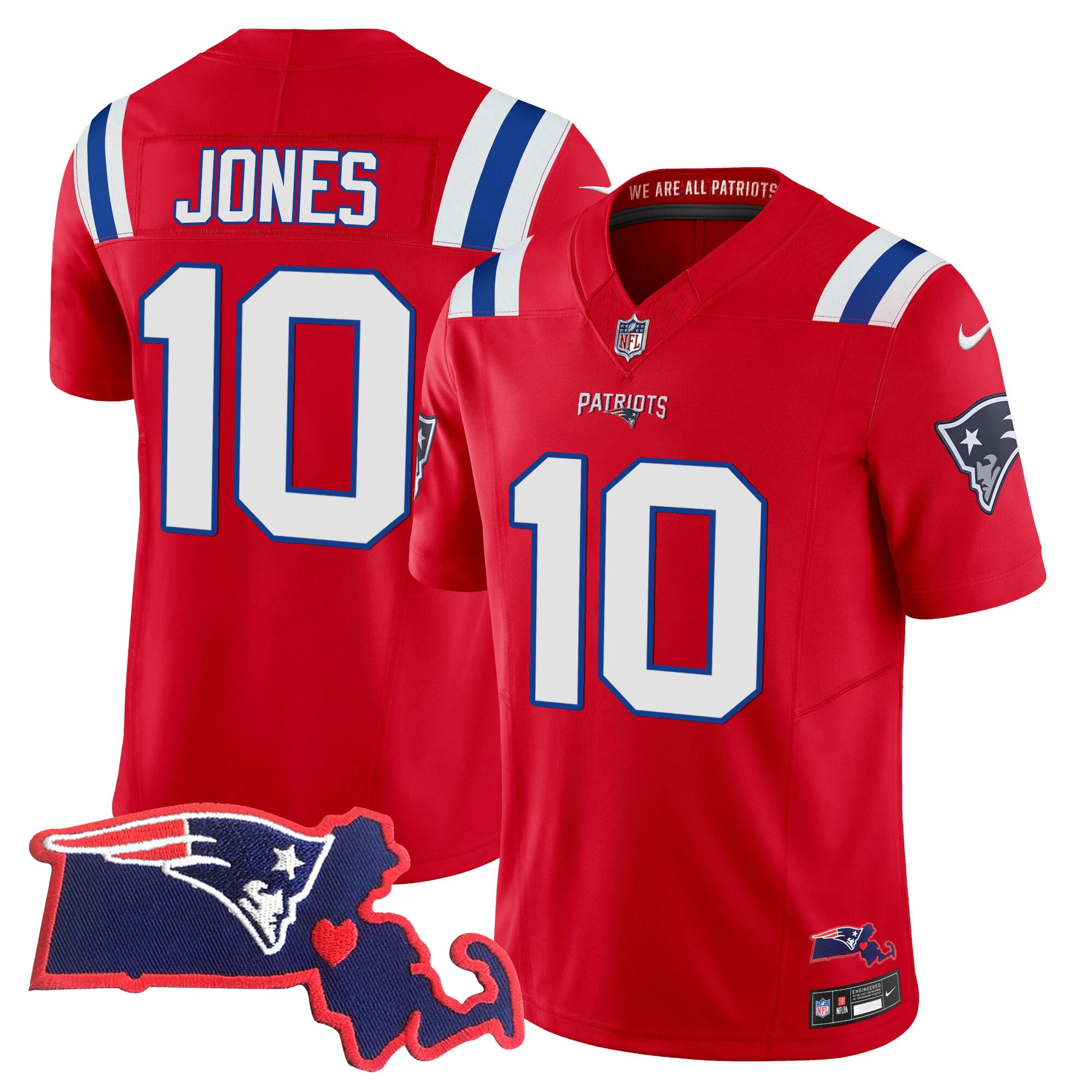Womens New England Patriots Massachusetts Patch Vapor Jersey Mac Jones Jersey Red