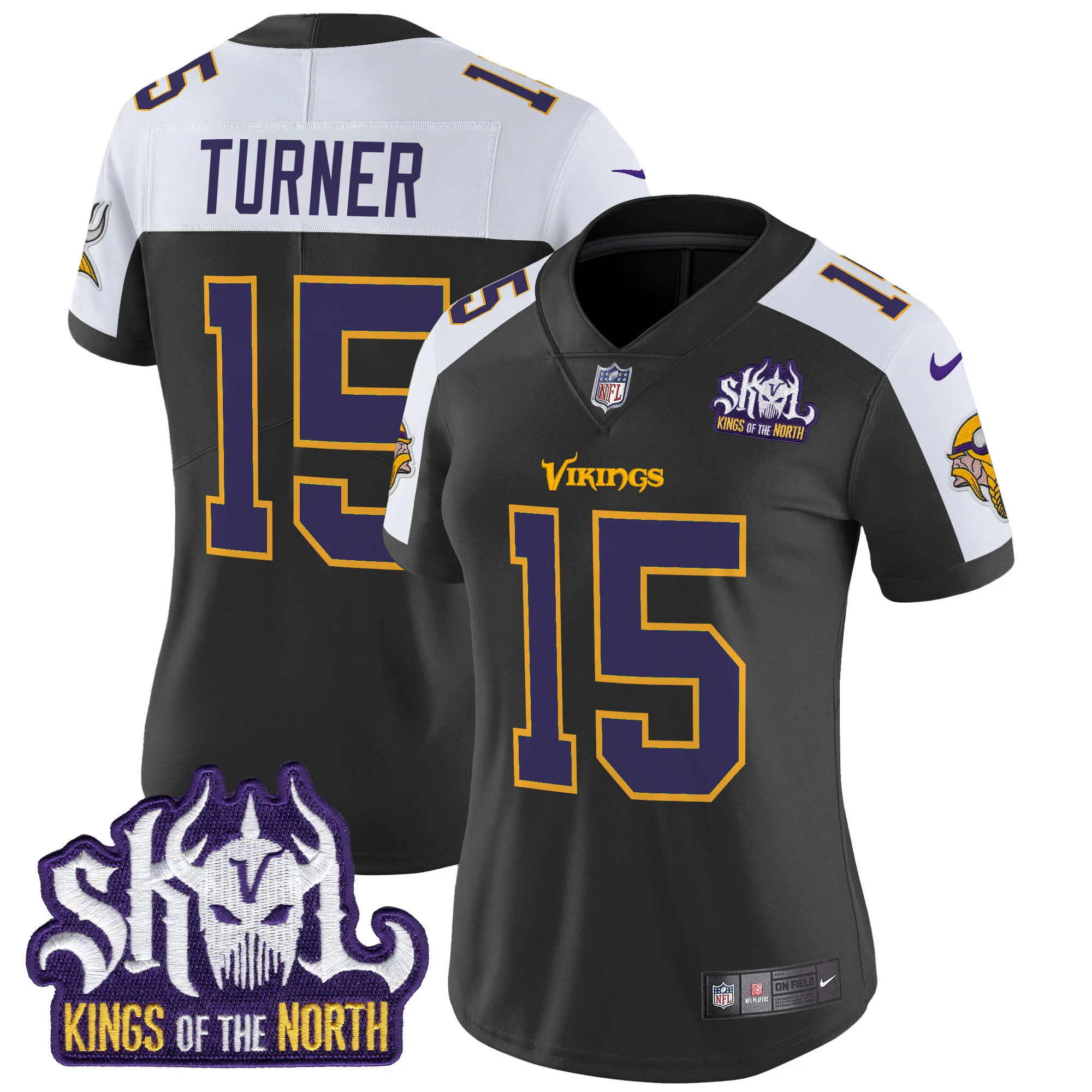 Womens Minnesota Vikings King Of The North Patch Throwback Vapor Limited Jersey Dallas Turner Jersey Black Alternate
