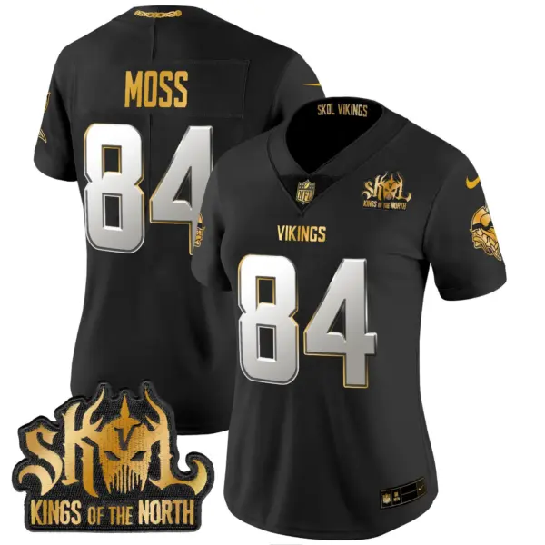 Womens Minnesota Vikings 2024 Winter Warrior Skol Patch Gold Vapor Limited Jersey Randy Moss Jersey Black Limited