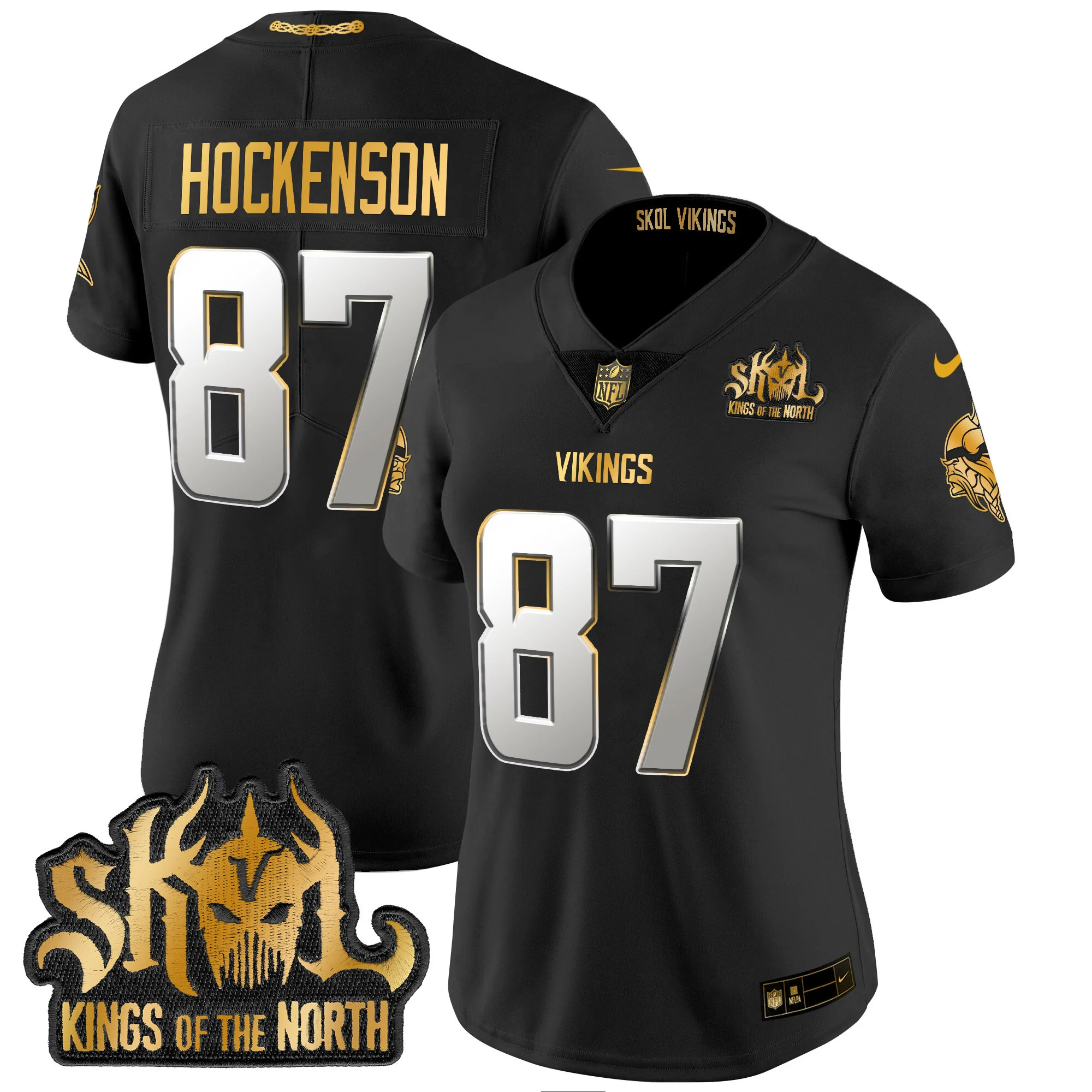 Womens Minnesota Vikings 2024 Winter Warrior Skol Patch Gold Vapor Limited Jersey TJ Hockenson Jersey Black Limited