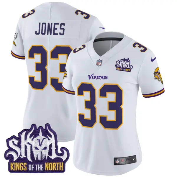 Womens Minnesota Vikings King Of The North Patch Throwback Vapor Limited Jersey Aaron Jones Jersey White