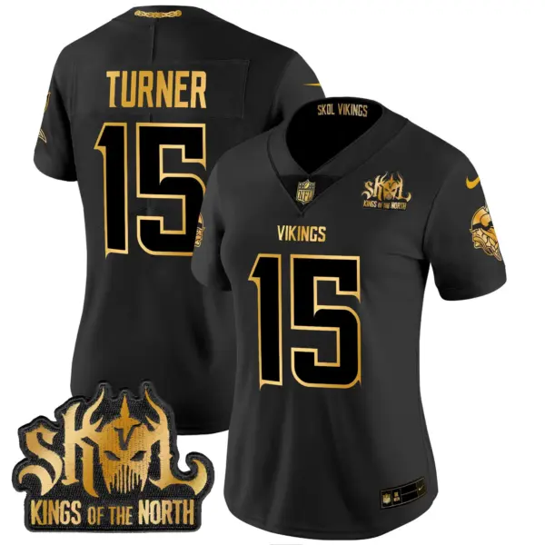 Womens Minnesota Vikings 2024 Winter Warrior Skol Patch Gold Vapor Limited Jersey Dallas Turner Jersey Black Gold