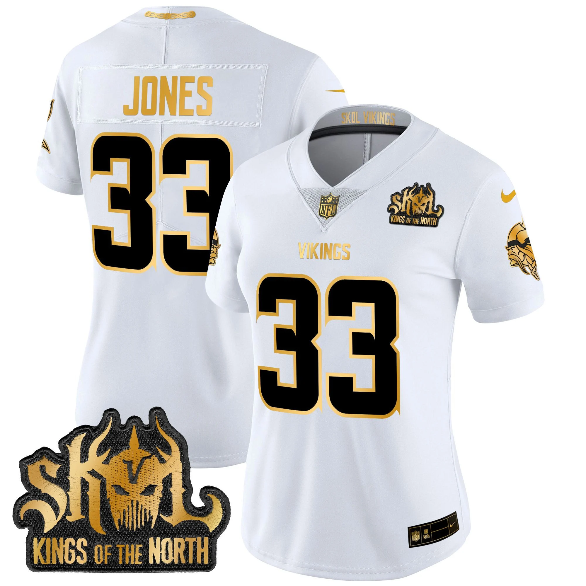 Womens Minnesota Vikings 2024 Winter Warrior Skol Patch Gold Vapor Limited Jersey Aaron Jones Jersey White Gold