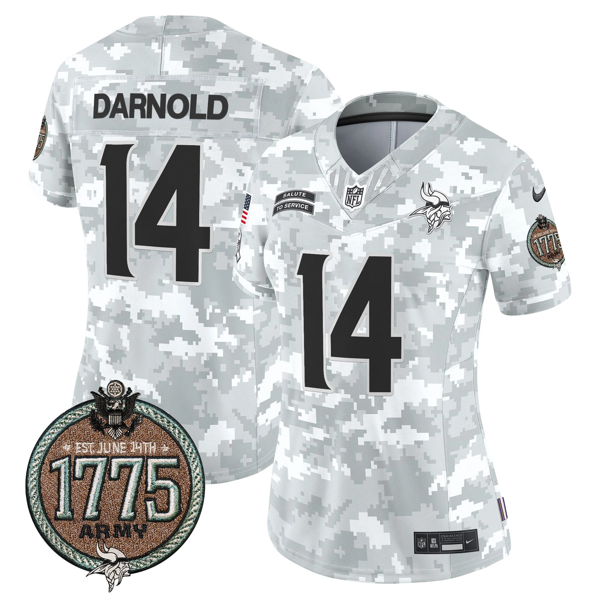 Womens Minnesota Vikings 2024 Salute To Service Establishment Year Patch Vapor Limited Jersey Sam Darnold Jersey Army