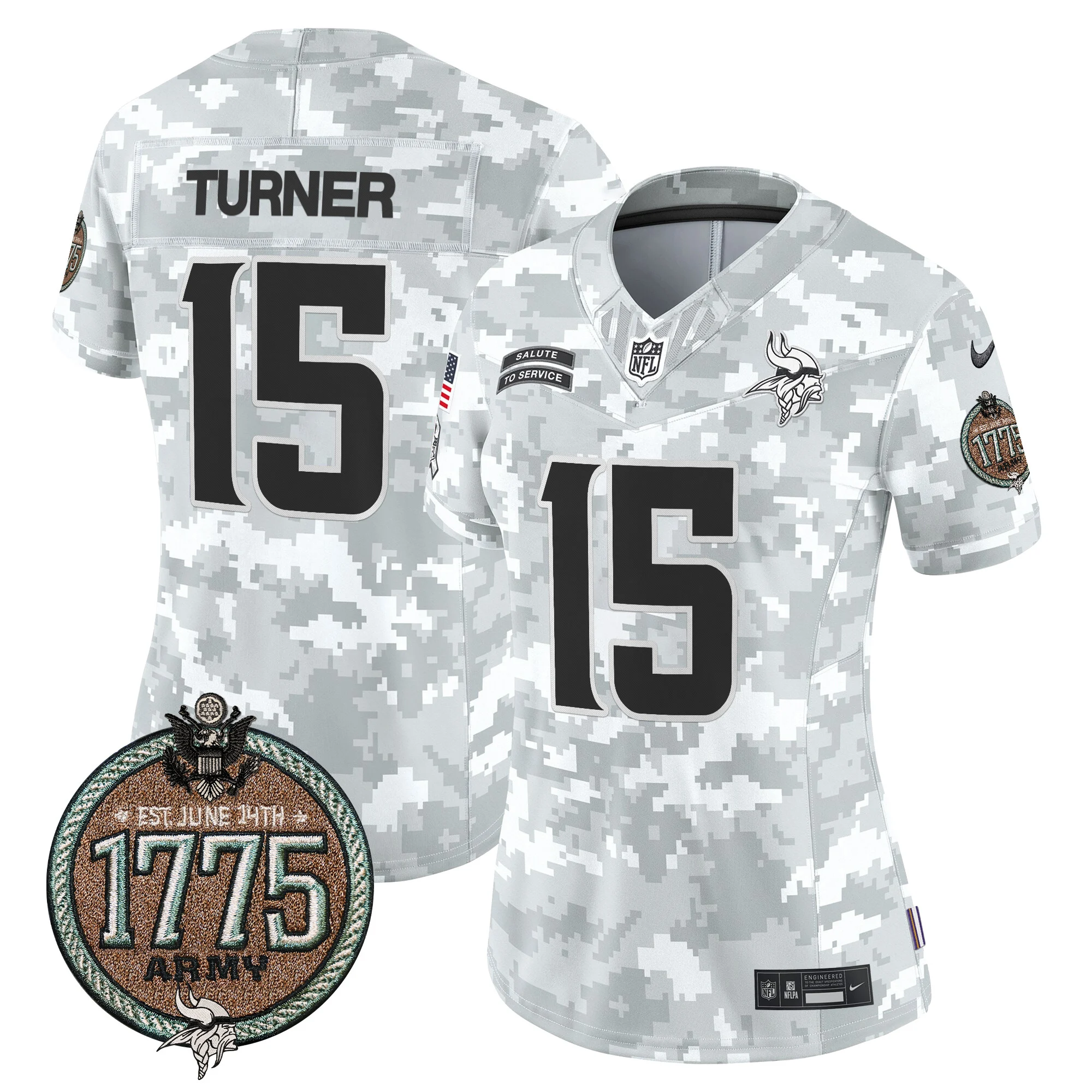 Womens Minnesota Vikings 2024 Salute To Service Establishment Year Patch Vapor Limited Jersey Dallas Turner Jersey Army