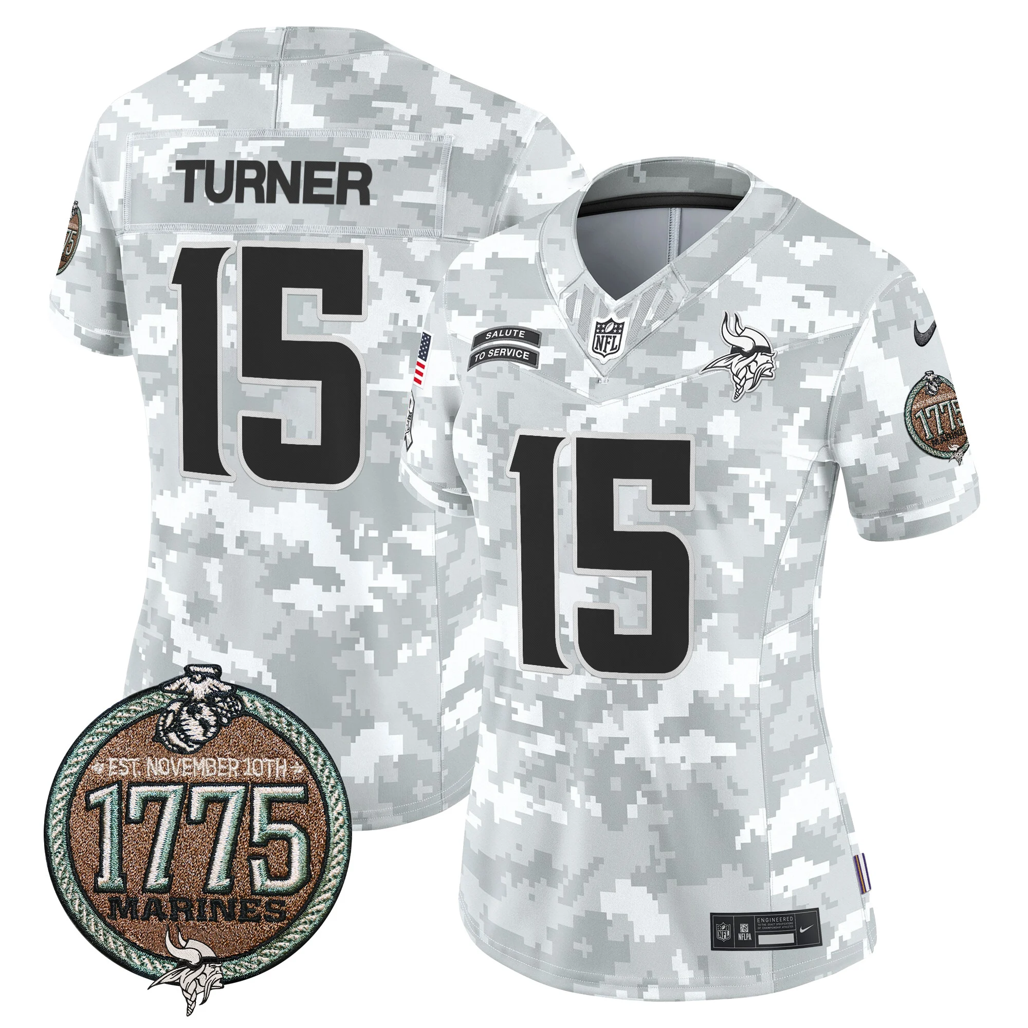 Womens Minnesota Vikings 2024 Salute To Service Establishment Year Patch Vapor Limited Jersey Dallas Turner Jersey Marines