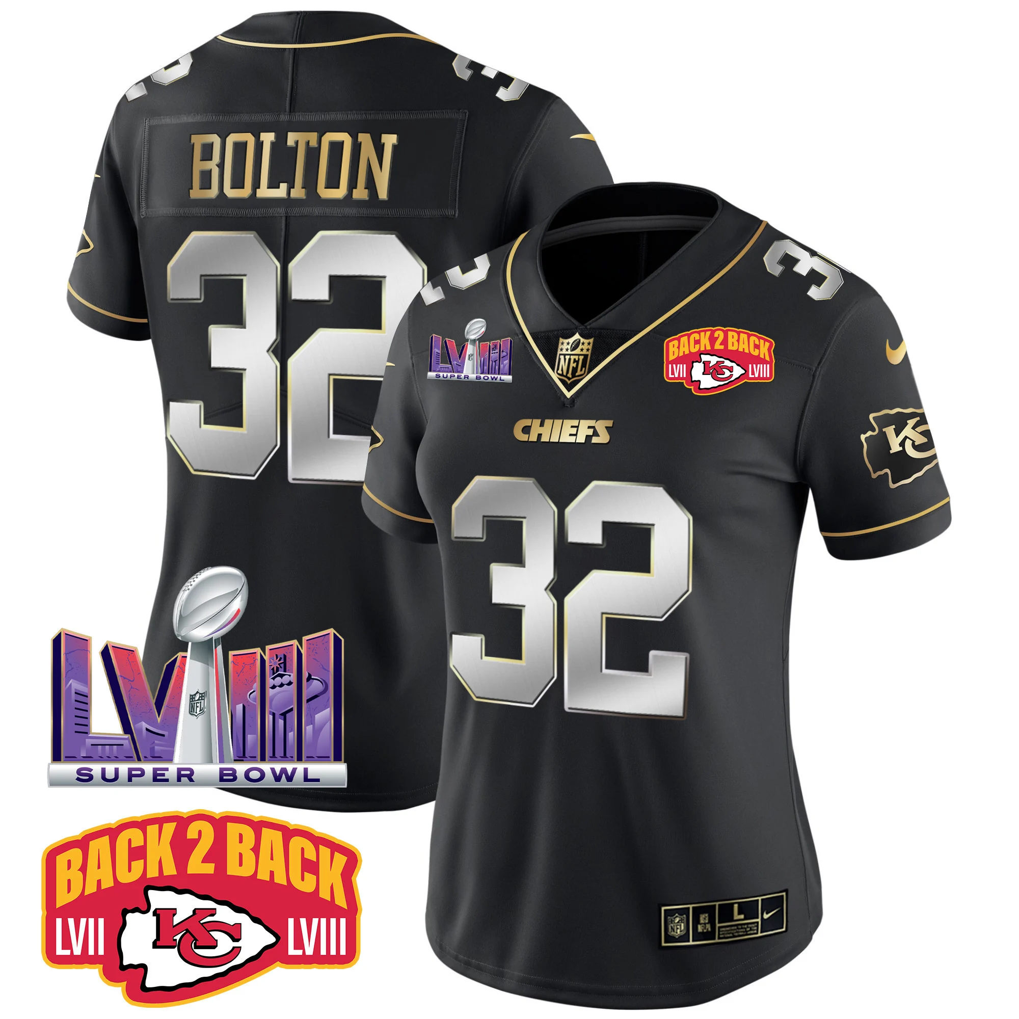 Womens Kansas City Chiefs Super Bowl LVIII Back 2 Back Patch Vapor Jersey V2 Nick Bolton Jersey Black Limited
