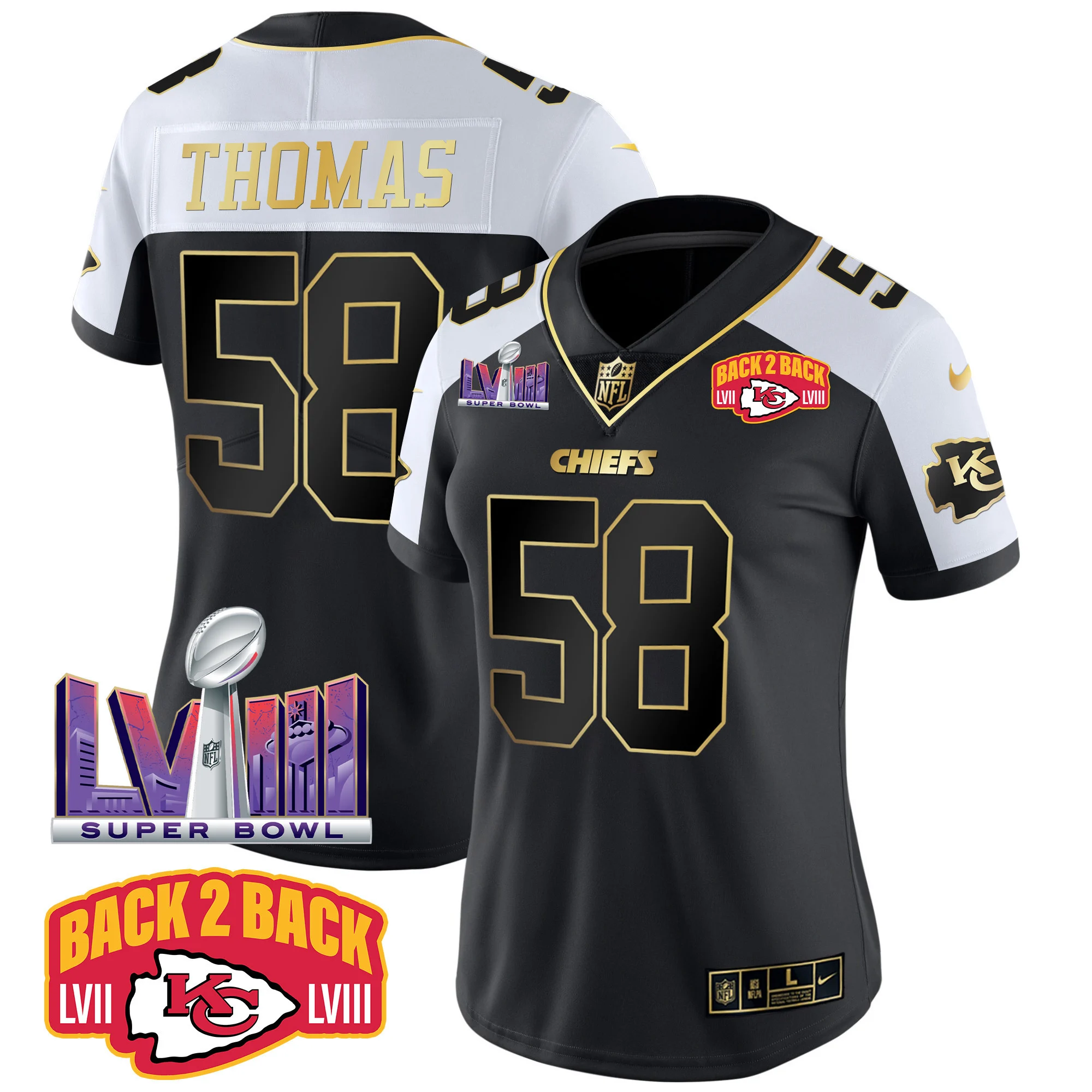 Womens Kansas City Chiefs Super Bowl LVIII Back 2 Back Patch Vapor Jersey V2 Derick Thomas Jersey Alternate