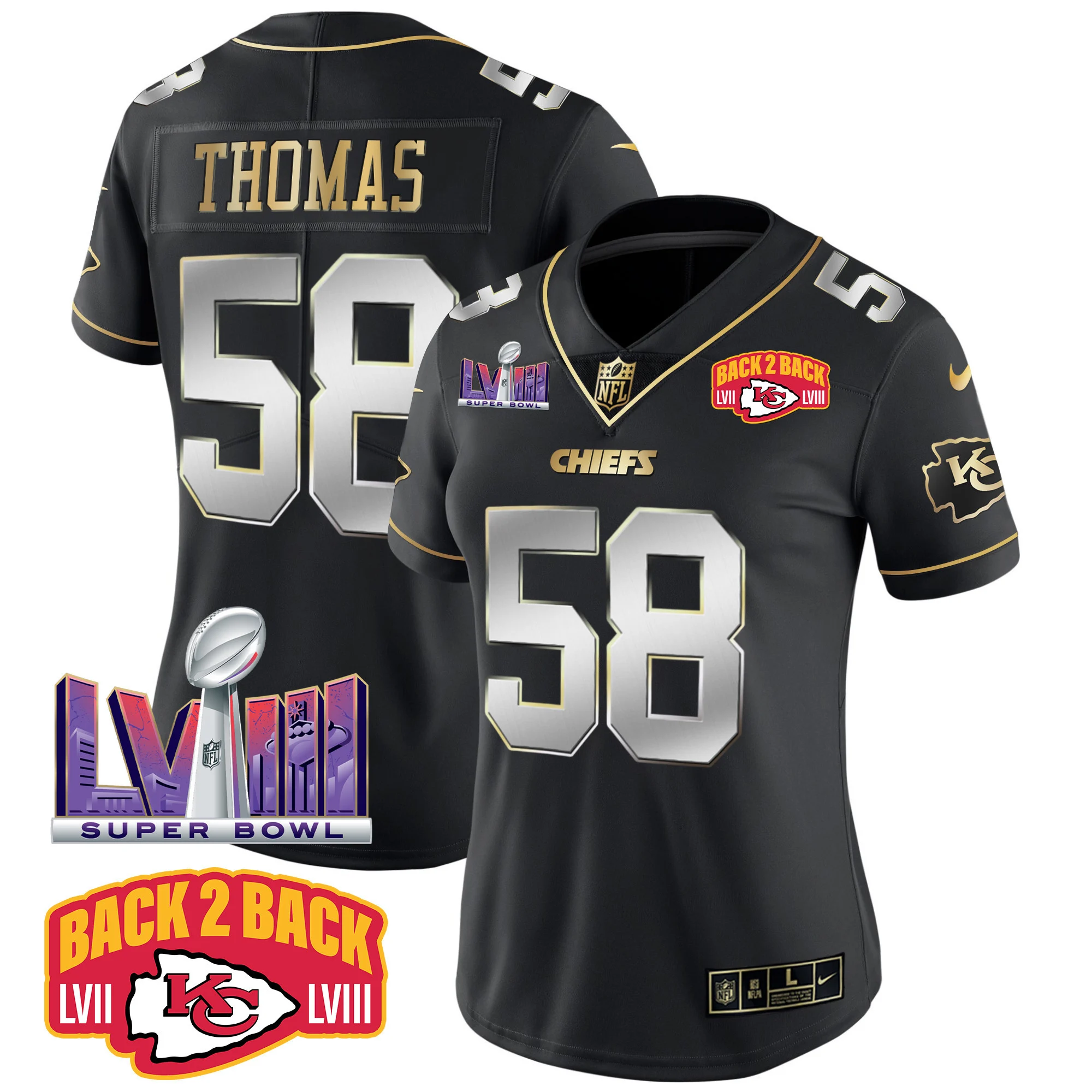 Womens Kansas City Chiefs Super Bowl LVIII Back 2 Back Patch Vapor Jersey V2 Derick Thomas Jersey Black Limited