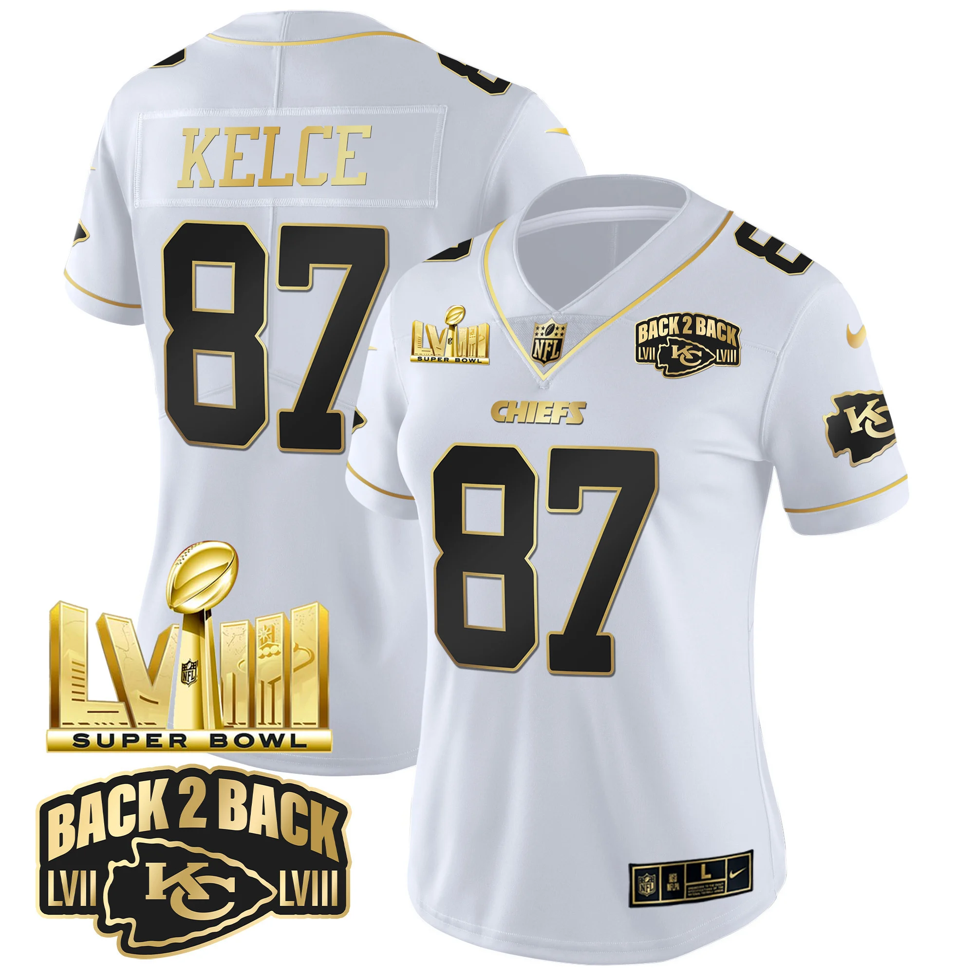 Womens Kansas City Chiefs Super Bowl LVIII Back 2 Back Gold Patch Vapor Jersey V2 Travis Kelce Jersey White Gold
