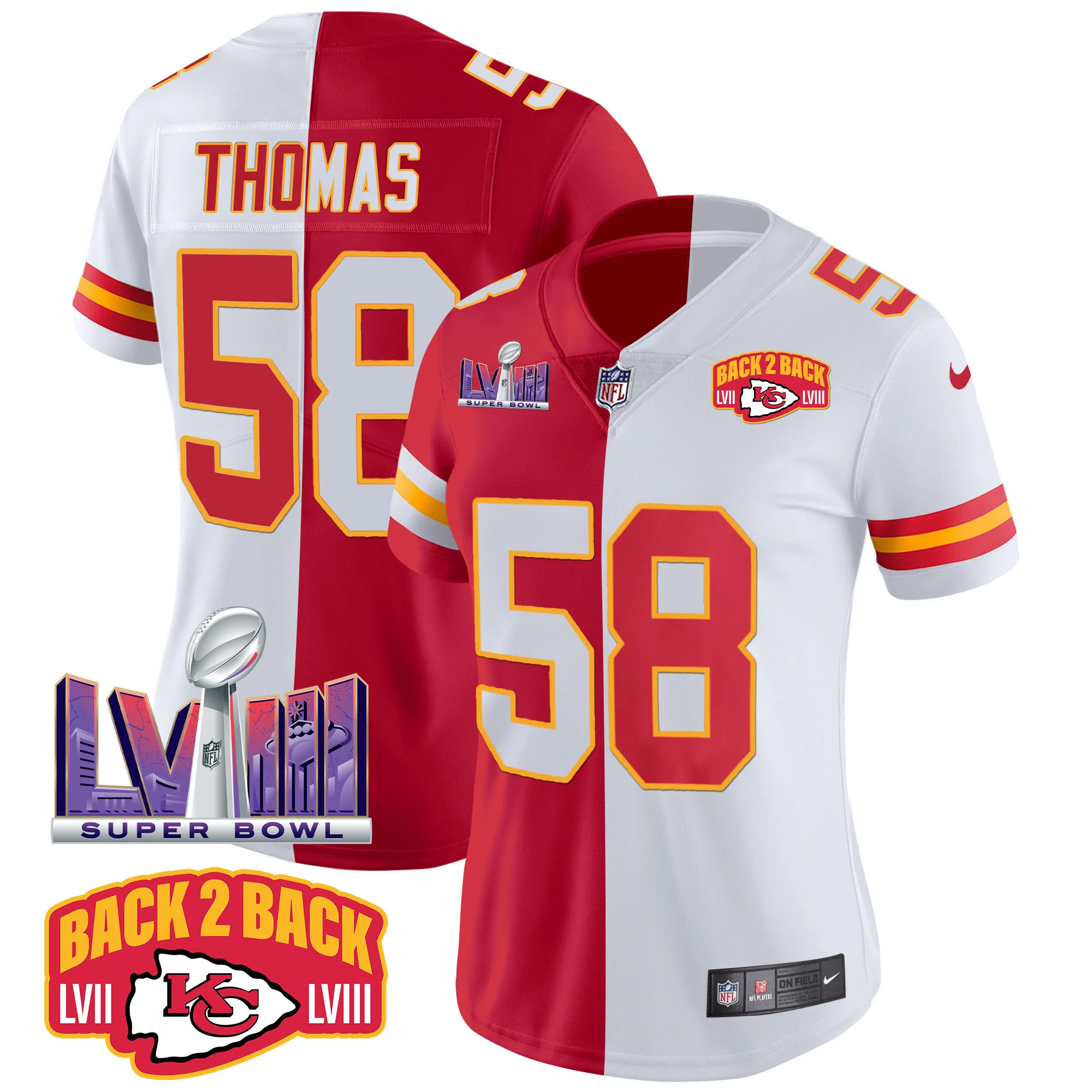 Womens Kansas City Chiefs Super Bowl LVIII Back 2 Back Patch Vapor Jersey V2 Derick Thomas Jersey Split