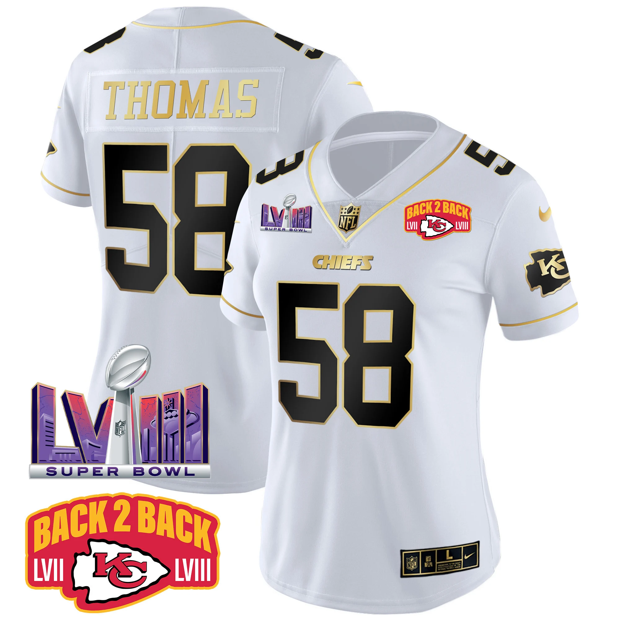 Womens Kansas City Chiefs Super Bowl LVIII Back 2 Back Patch Vapor Jersey V2 Derick Thomas Jersey White Gold