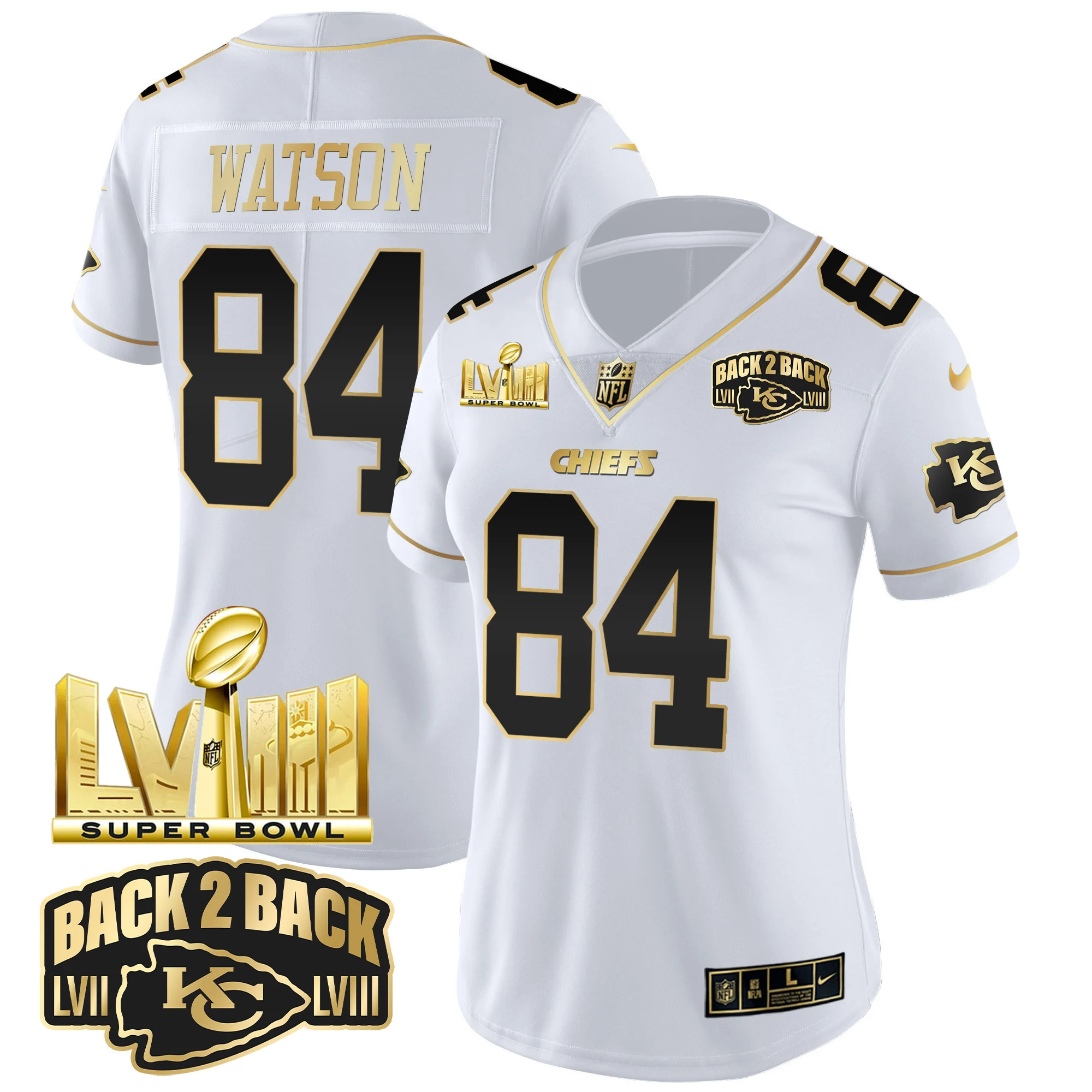 Womens Kansas City Chiefs Super Bowl LVIII Back 2 Back Gold Patch Vapor Jersey V2 Justin Watson Jersey White Gold