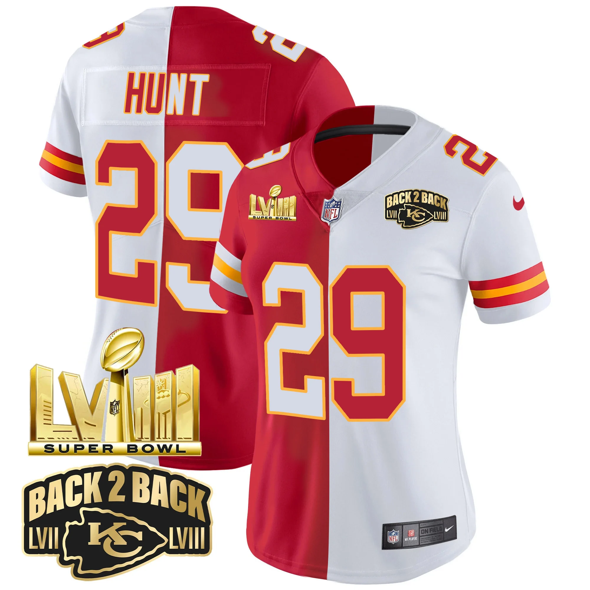 Womens Kansas City Chiefs Super Bowl LVIII Back 2 Back Gold Patch Vapor Jersey V2 Kareem Hunt Jersey Split