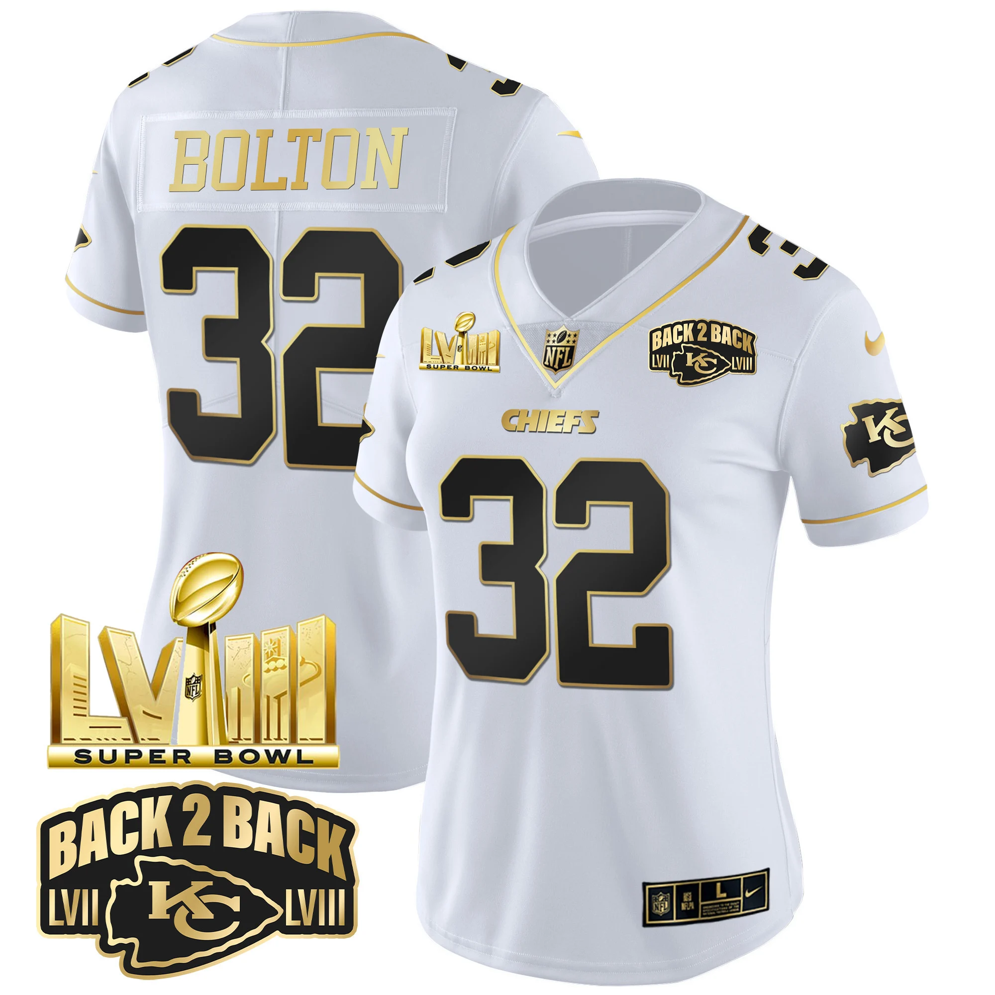 Womens Kansas City Chiefs Super Bowl LVIII Back 2 Back Gold Patch Vapor Jersey V2 Nick Bolton Jersey White Gold