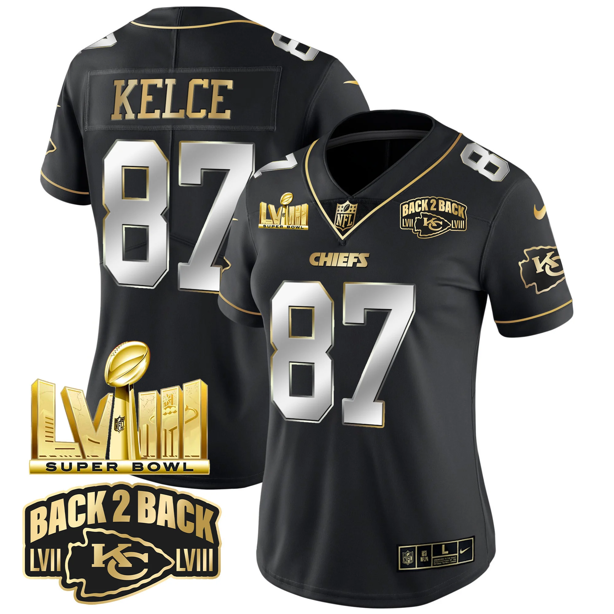 Womens Kansas City Chiefs Super Bowl LVIII Back 2 Back Gold Patch Vapor Jersey V2 Travis Kelce Jersey Black Limited