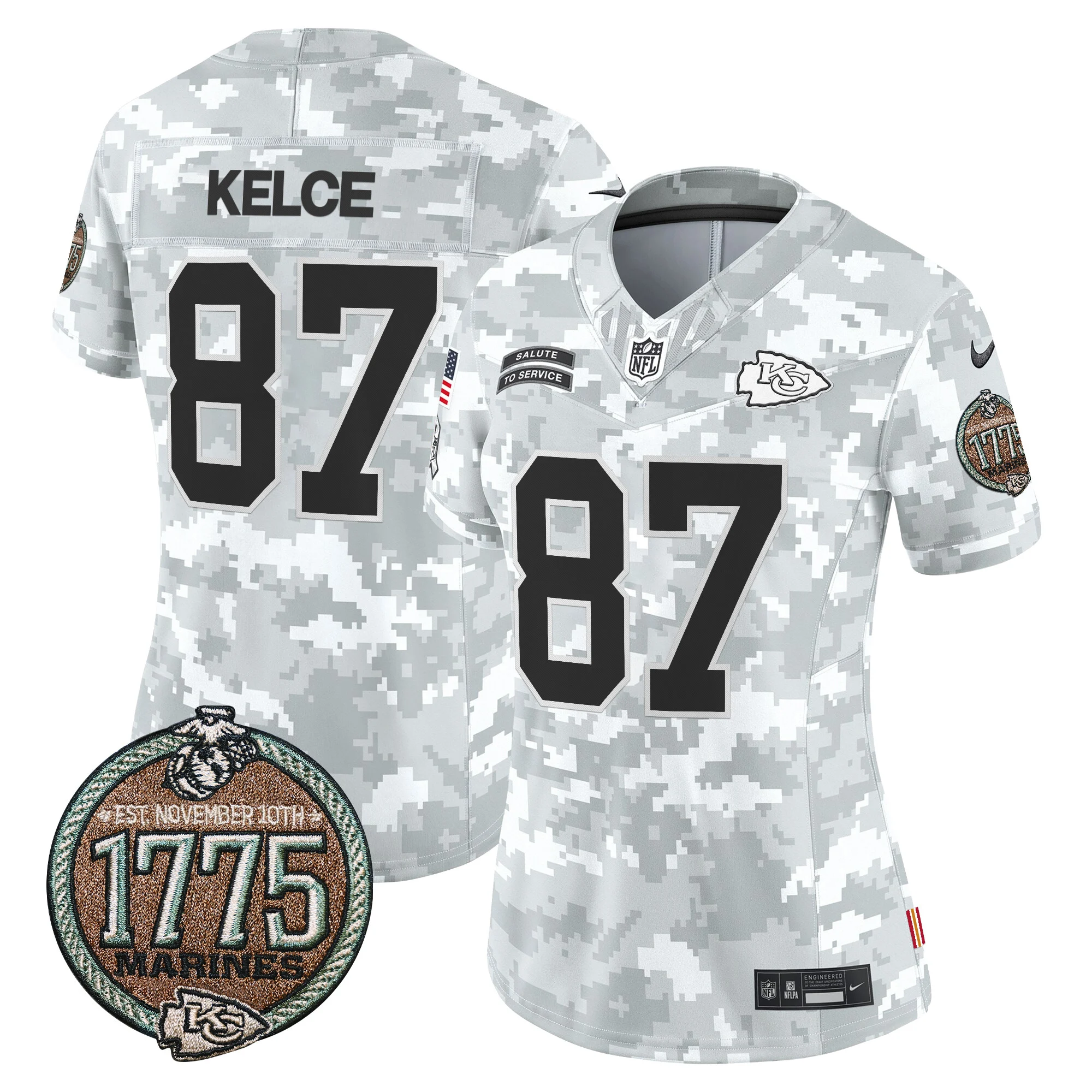 Womens Kansas City Chiefs 2024 Salute To Service Establishment Year Patch Vapor Limited Jersey Travis Kelce Jersey Marines