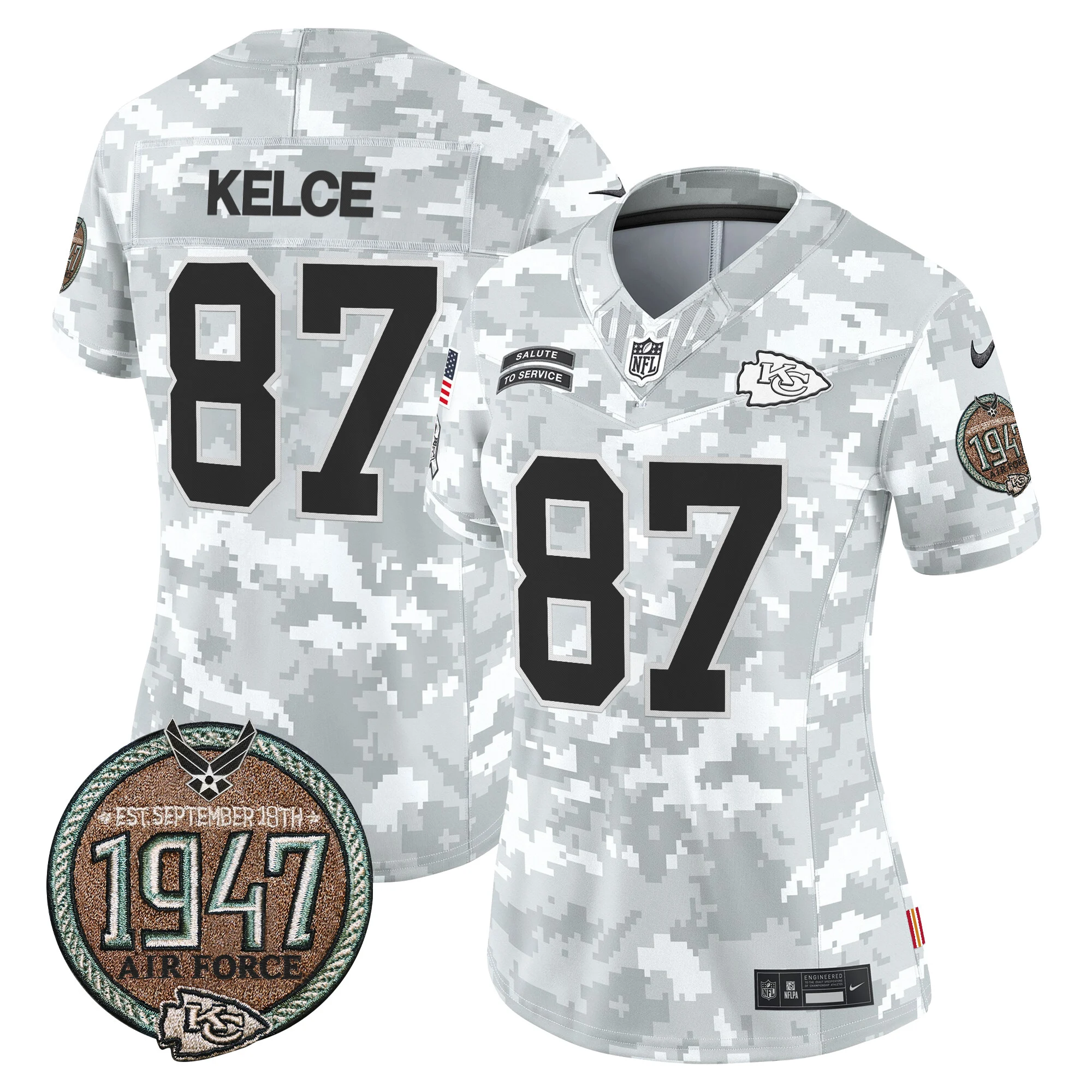 Womens Kansas City Chiefs 2024 Salute To Service Establishment Year Patch Vapor Limited Jersey Travis Kelce Jersey Air Force
