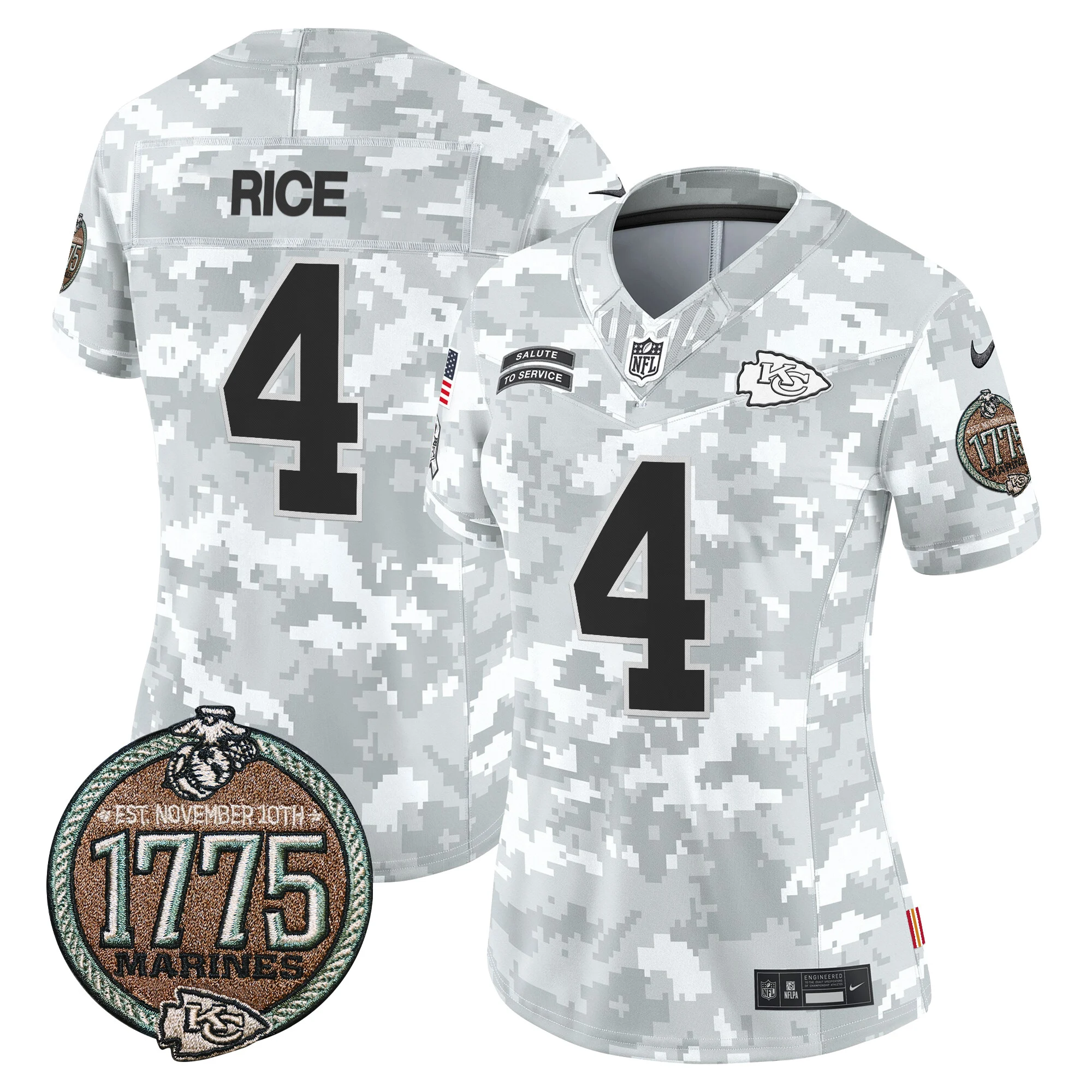 Womens Kansas City Chiefs 2024 Salute To Service Establishment Year Patch Vapor Limited Jersey Rashee Rice Jersey Marines
