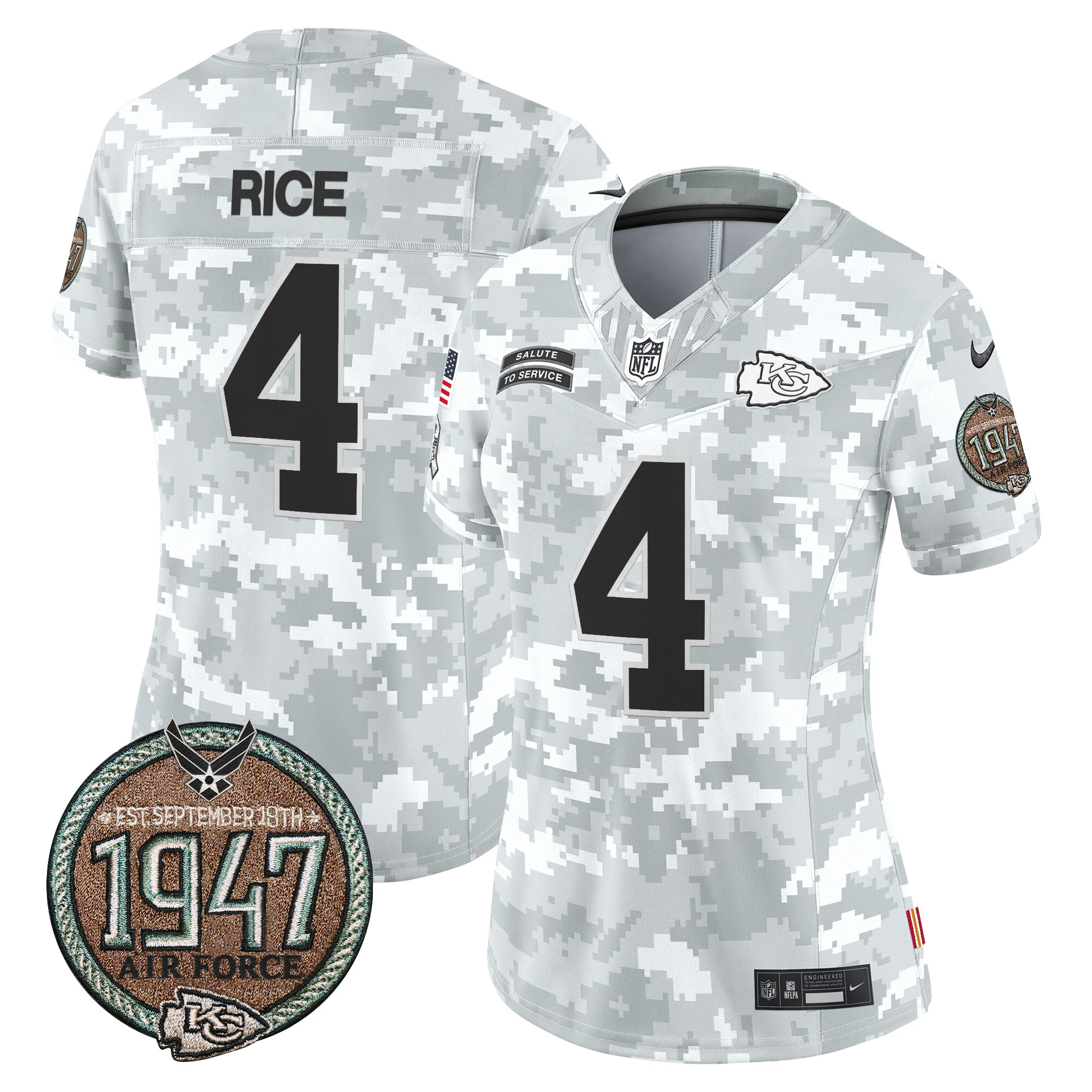 Womens Kansas City Chiefs 2024 Salute To Service Establishment Year Patch Vapor Limited Jersey Rashee Rice Jersey Air Force