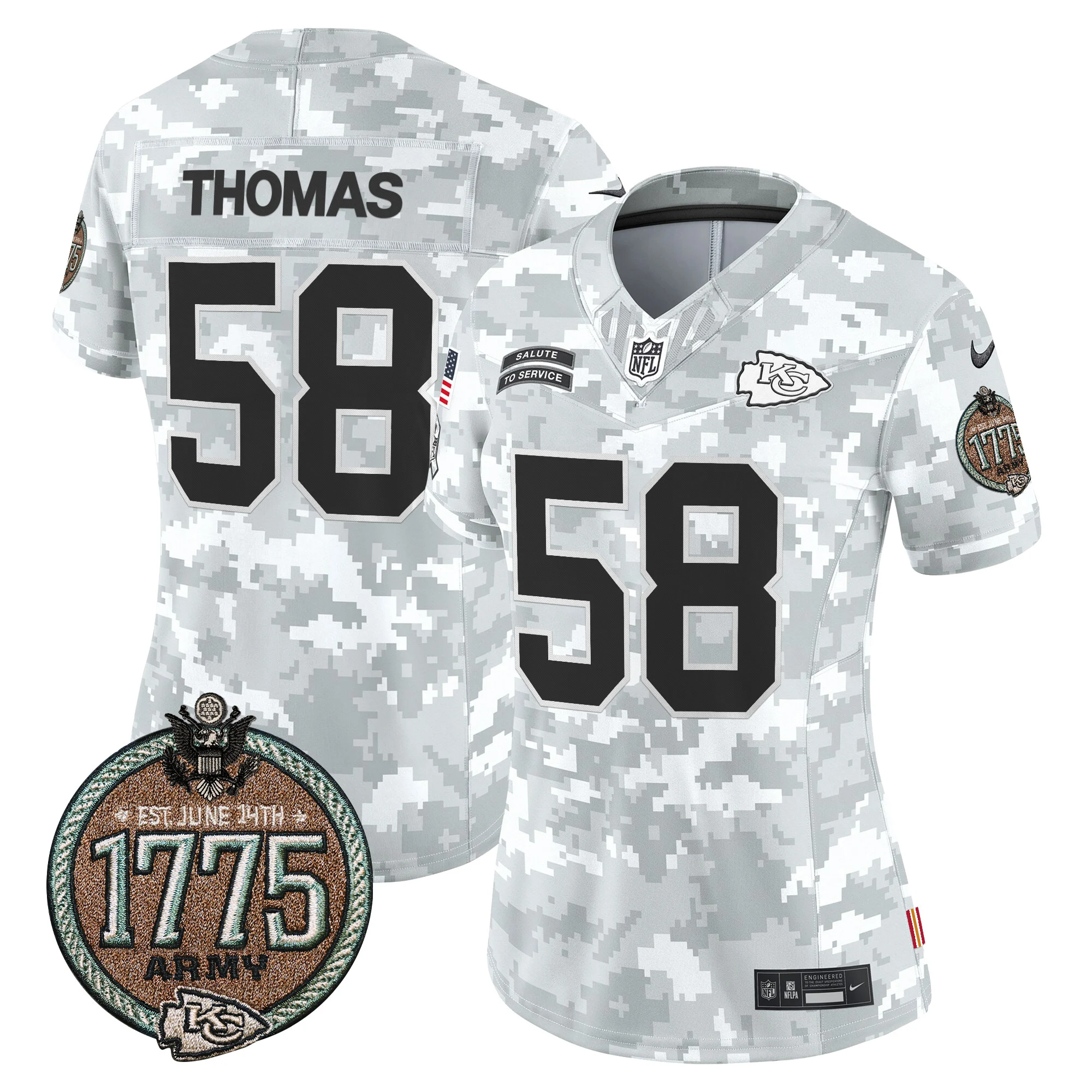 Womens Kansas City Chiefs 2024 Salute To Service Establishment Year Patch Vapor Limited Jersey Derrick Thomas Jersey Army