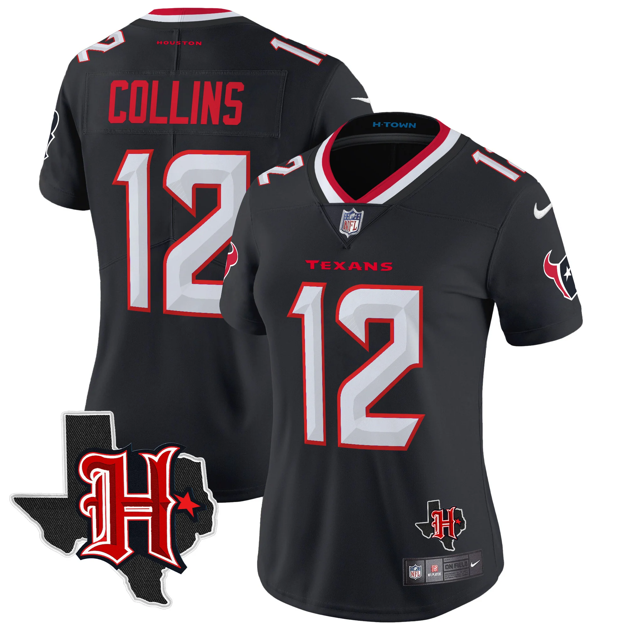 Womens Houston Texans 2024 Texas Patch Vapor Limited Jersey V5 Nico Collins Jersey Navy
