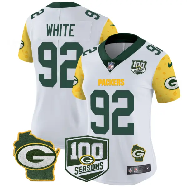 Womens Green Bay Packers 100Th Season Home Patch Cheese Vapor Limited Jersey Reggie White Jersey White