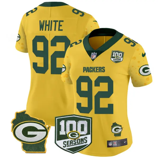 Womens Green Bay Packers 100Th Season Home Patch Cheese Vapor Limited Jersey Reggie White Jersey Gold