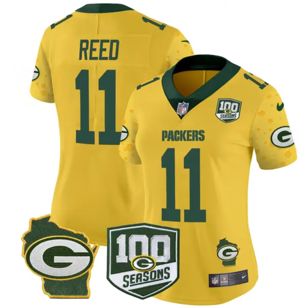 Womens Green Bay Packers 100Th Season Home Patch Cheese Vapor Limited Jersey Jayden Reed Jersey Gold