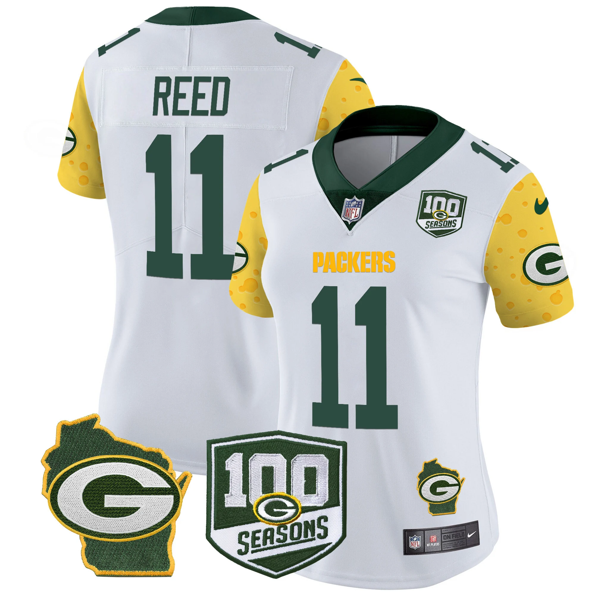 Womens Green Bay Packers 100Th Season Home Patch Cheese Vapor Limited Jersey Jayden Reed Jersey White