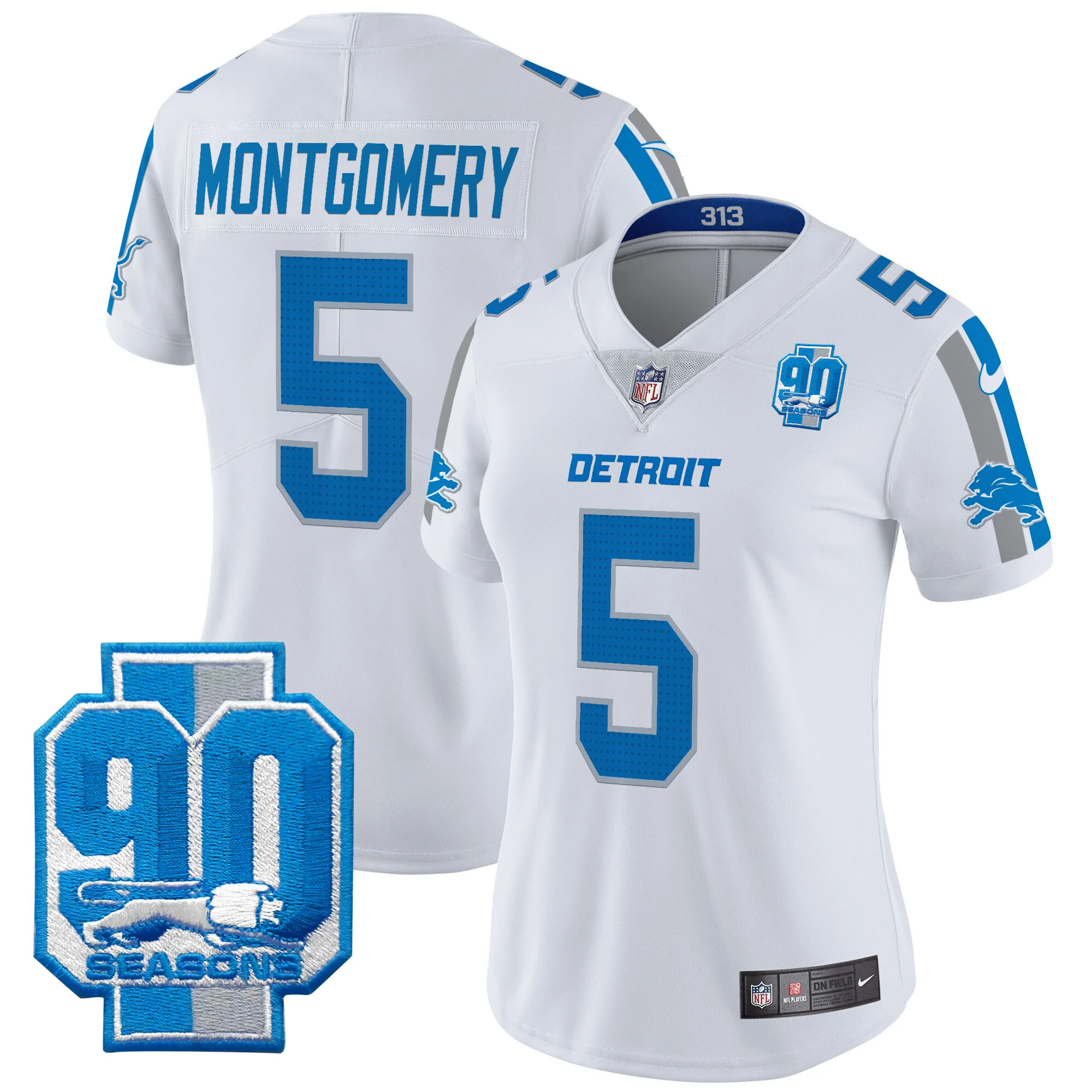 Womens Detroit Lions 90Th Year Patch Vapor Limited Jersey David Montgomery Jersey White