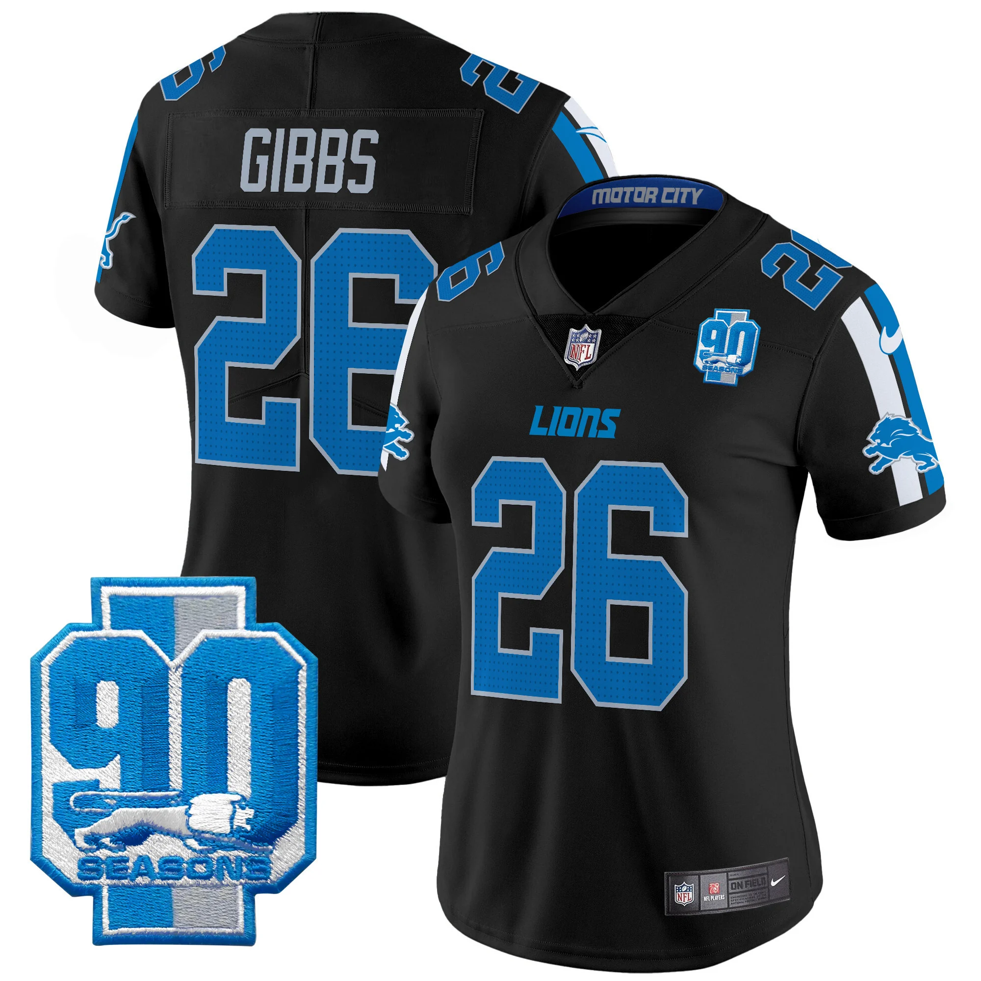 Womens Detroit Lions 90Th Year Patch Vapor Limited Jersey Jahmyr Gibbs Jersey Black