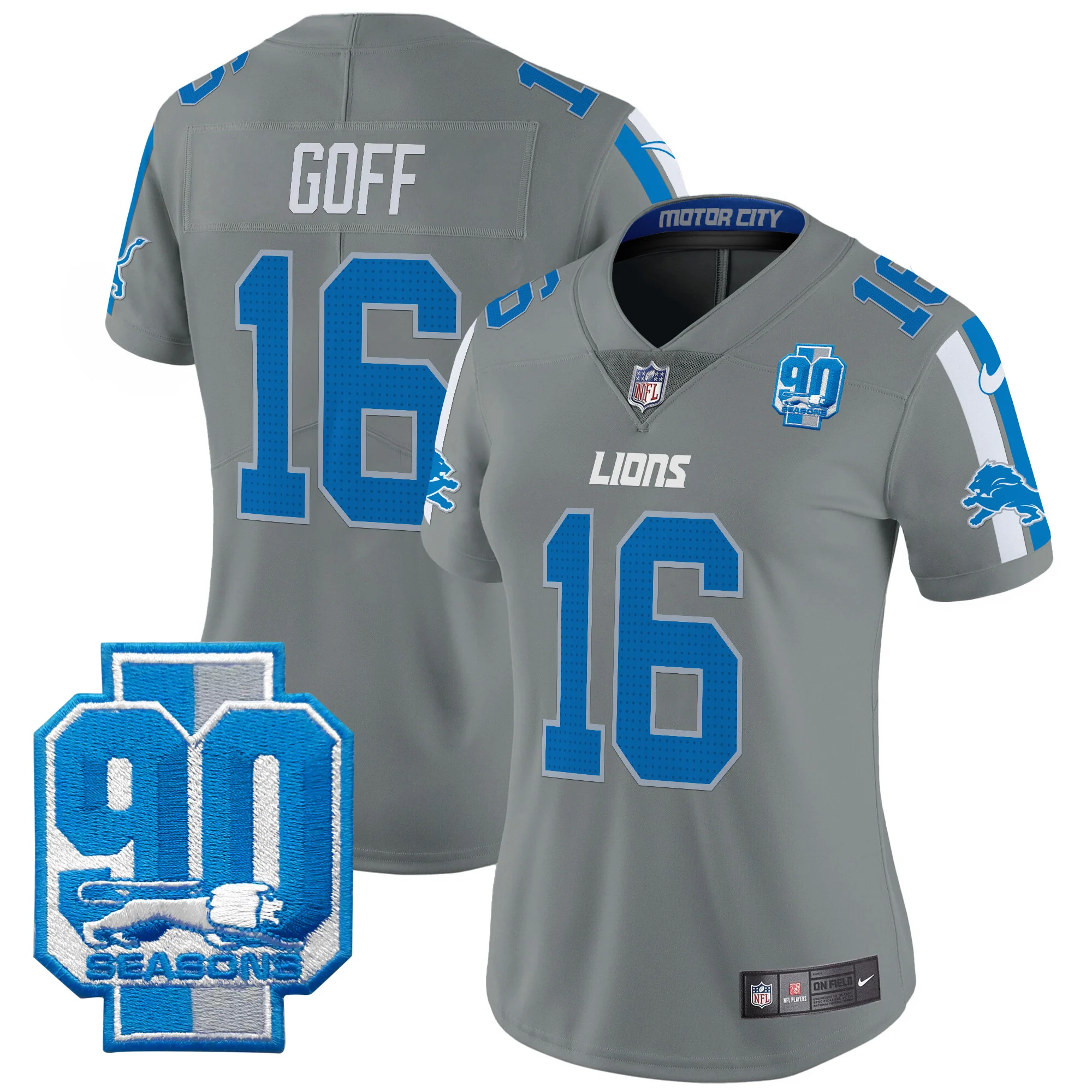 Womens Detroit Lions 90Th Year Patch Vapor Limited Jersey Jared Goff Jersey Gray