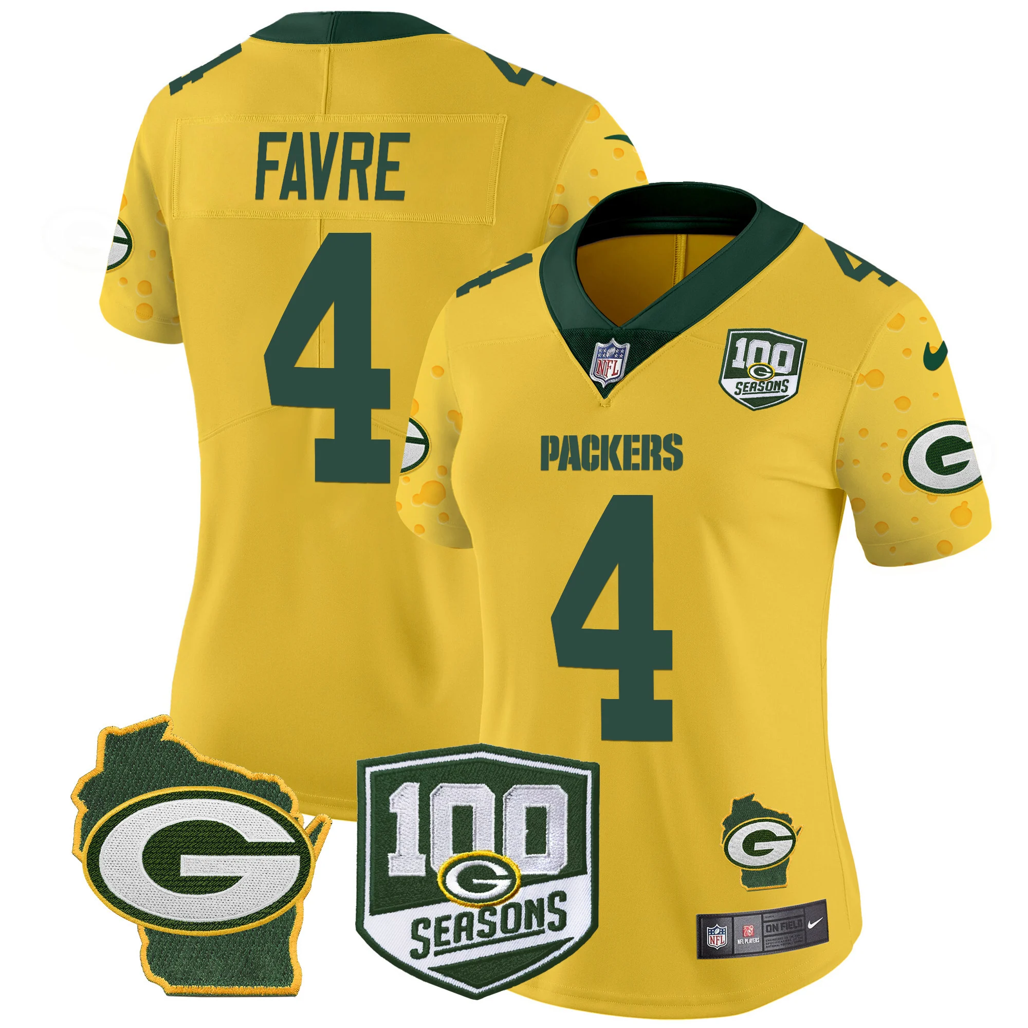 Womens Green Bay Packers 100Th Season Home Patch Cheese Vapor Limited Jersey Brett Favre Jersey Gold