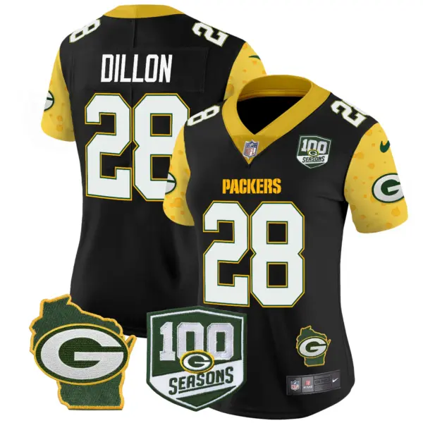 Womens Green Bay Packers 100Th Season Home Patch Cheese Vapor Limited Jersey AJ Dilon Jersey Black