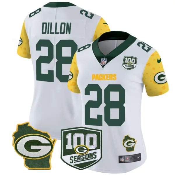 Womens Green Bay Packers 100Th Season Home Patch Cheese Vapor Limited Jersey AJ Dilon Jersey White