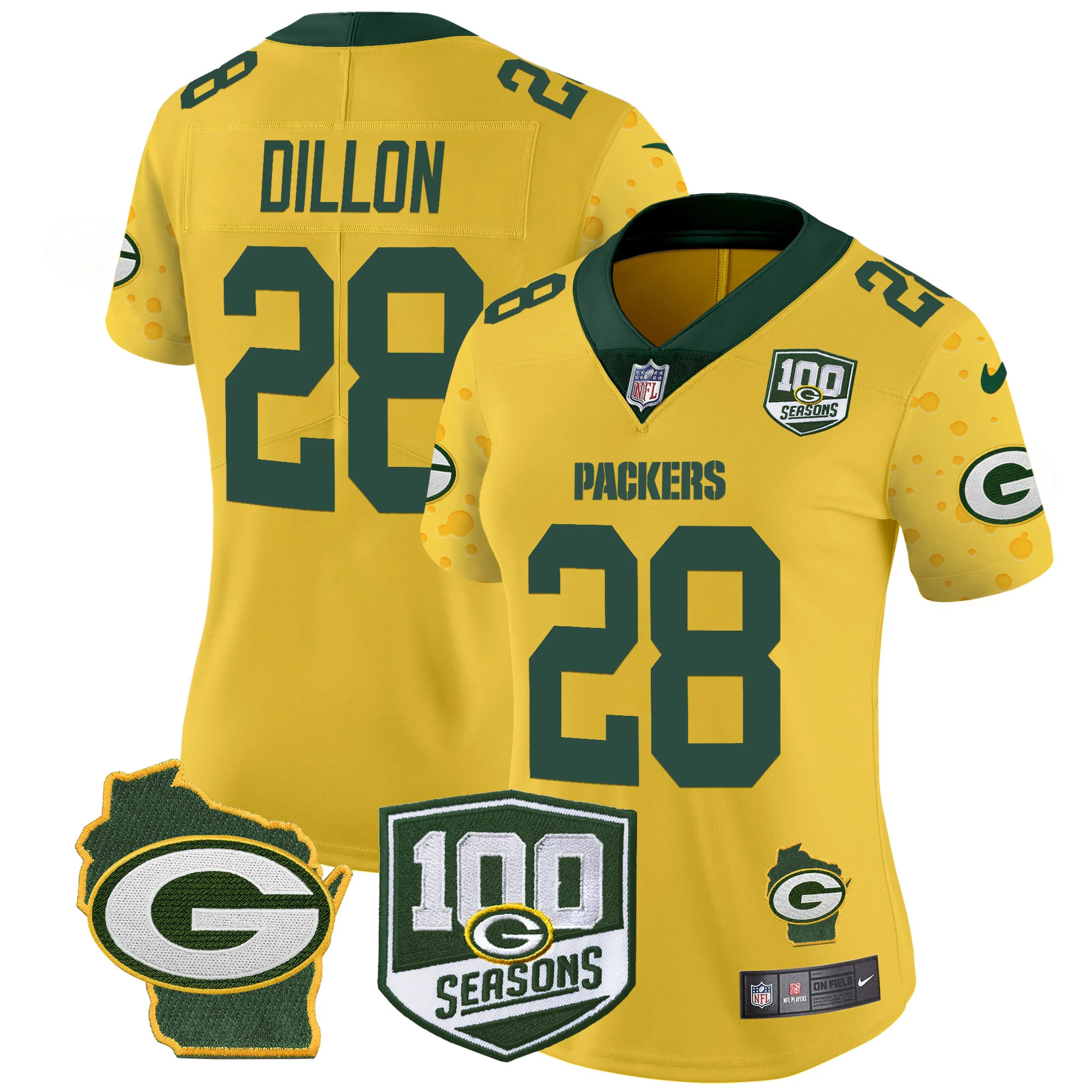 Womens Green Bay Packers 100Th Season Home Patch Cheese Vapor Limited Jersey AJ Dilon Jersey Gold