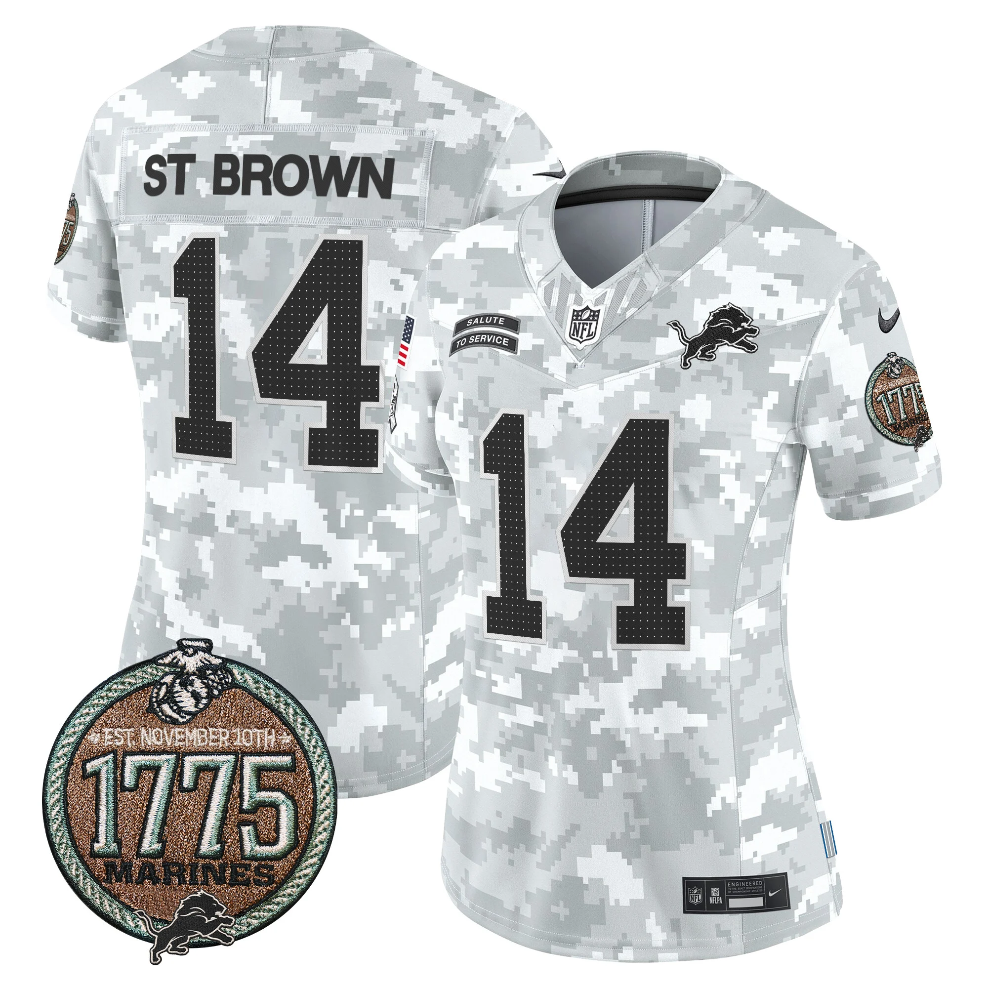 Womens Detroit Lions 2024 Salute To Service Establishment Year Patch Vapor Limited Jersey Stbrown Jersey Marines