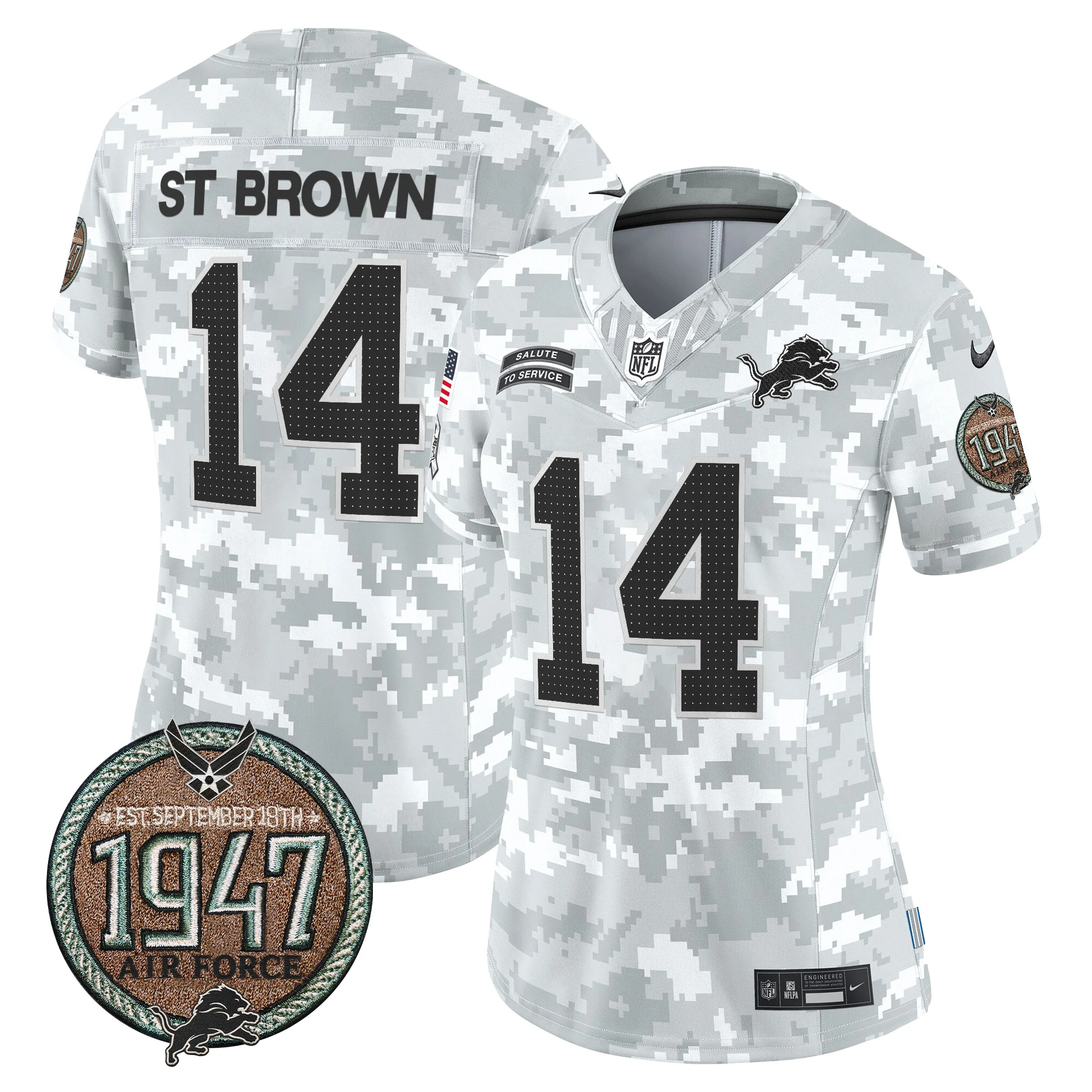Womens Detroit Lions 2024 Salute To Service Establishment Year Patch Vapor Limited Jersey Stbrown Jersey Air Force