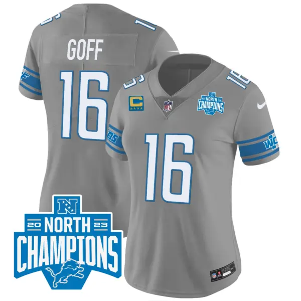 Womens Detroit Lions 2023 NFC North Division Champions Patch Vapor Jersey Jared Goff Jersey Gray