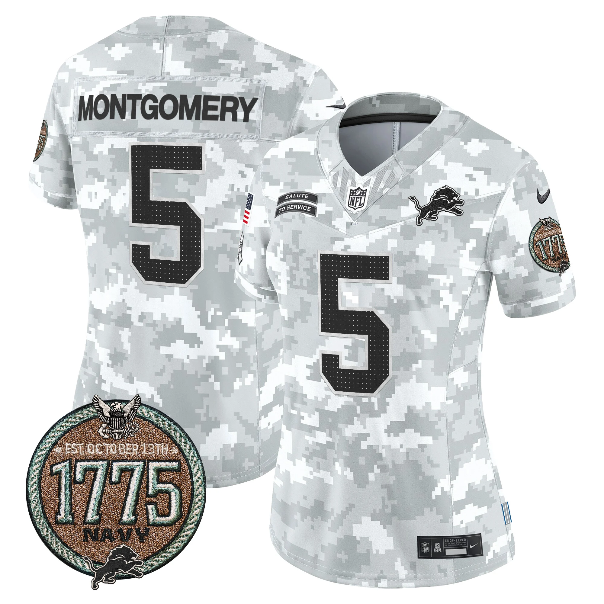 Womens Detroit Lions 2024 Salute To Service Establishment Year Patch Vapor Limited Jersey David Montgomery Jersey Navy