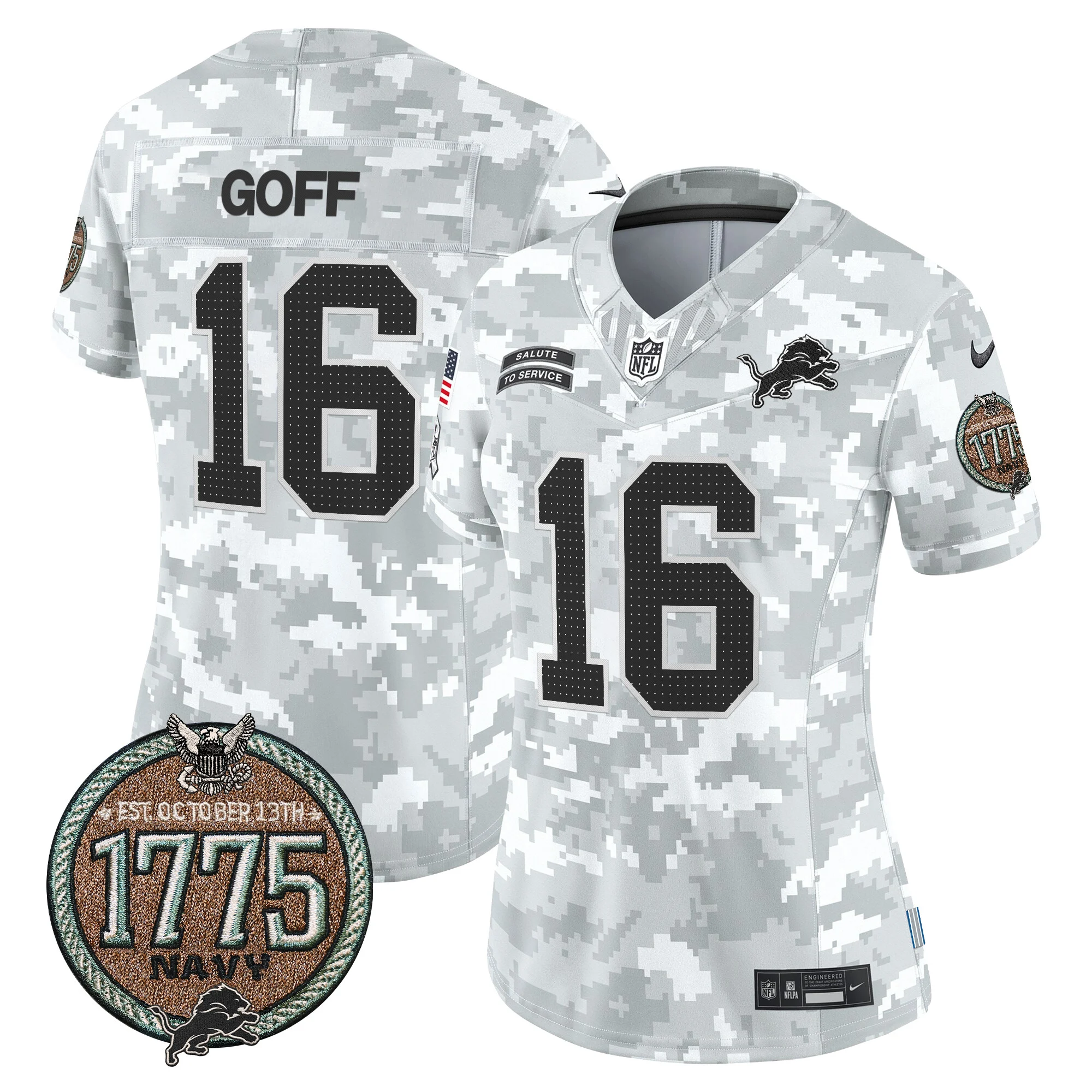 Womens Detroit Lions 2024 Salute To Service Establishment Year Patch Vapor Limited Jersey Jared Goff Jersey Navy